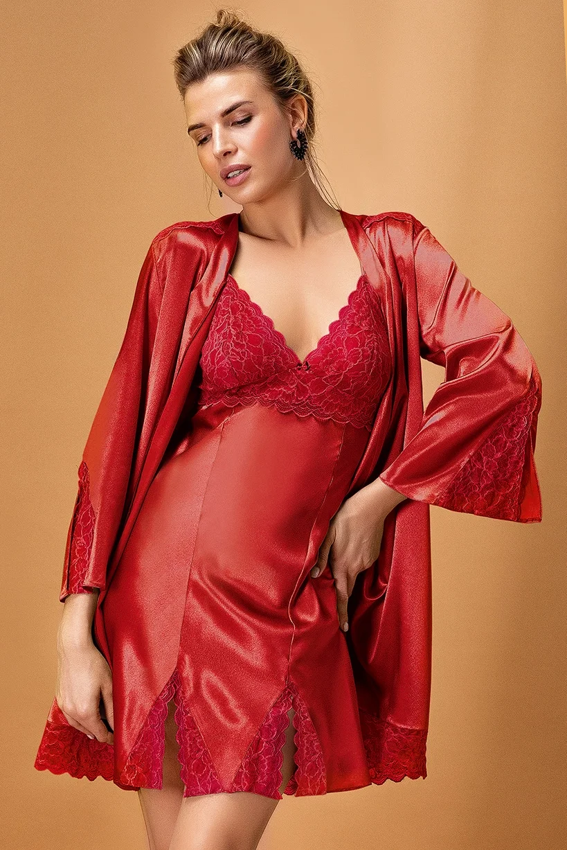 Nurteks Nurteks 5325 – Saten Kimono Takım – Bordo Sabahlık Toptan