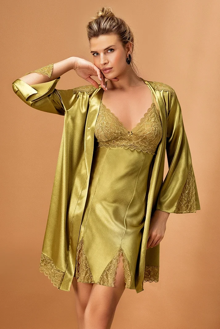 Nurteks Nurteks 5325 – Saten Kimono Takım – Yeşil Sabahlık Toptan