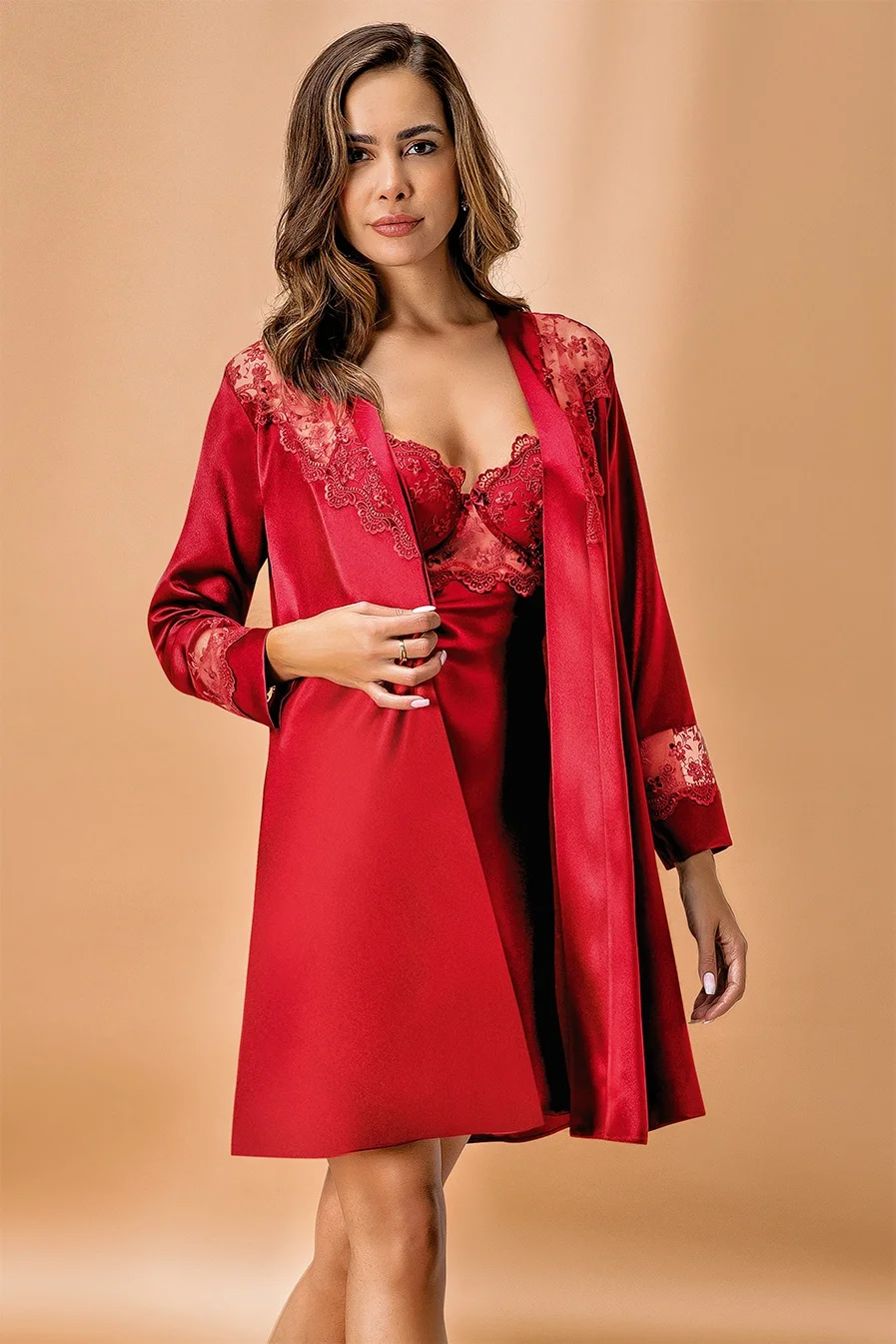 Nurteks Nurteks 5384 – Kaplı Saten Kimono Takım – Bordo Sabahlık Toptan