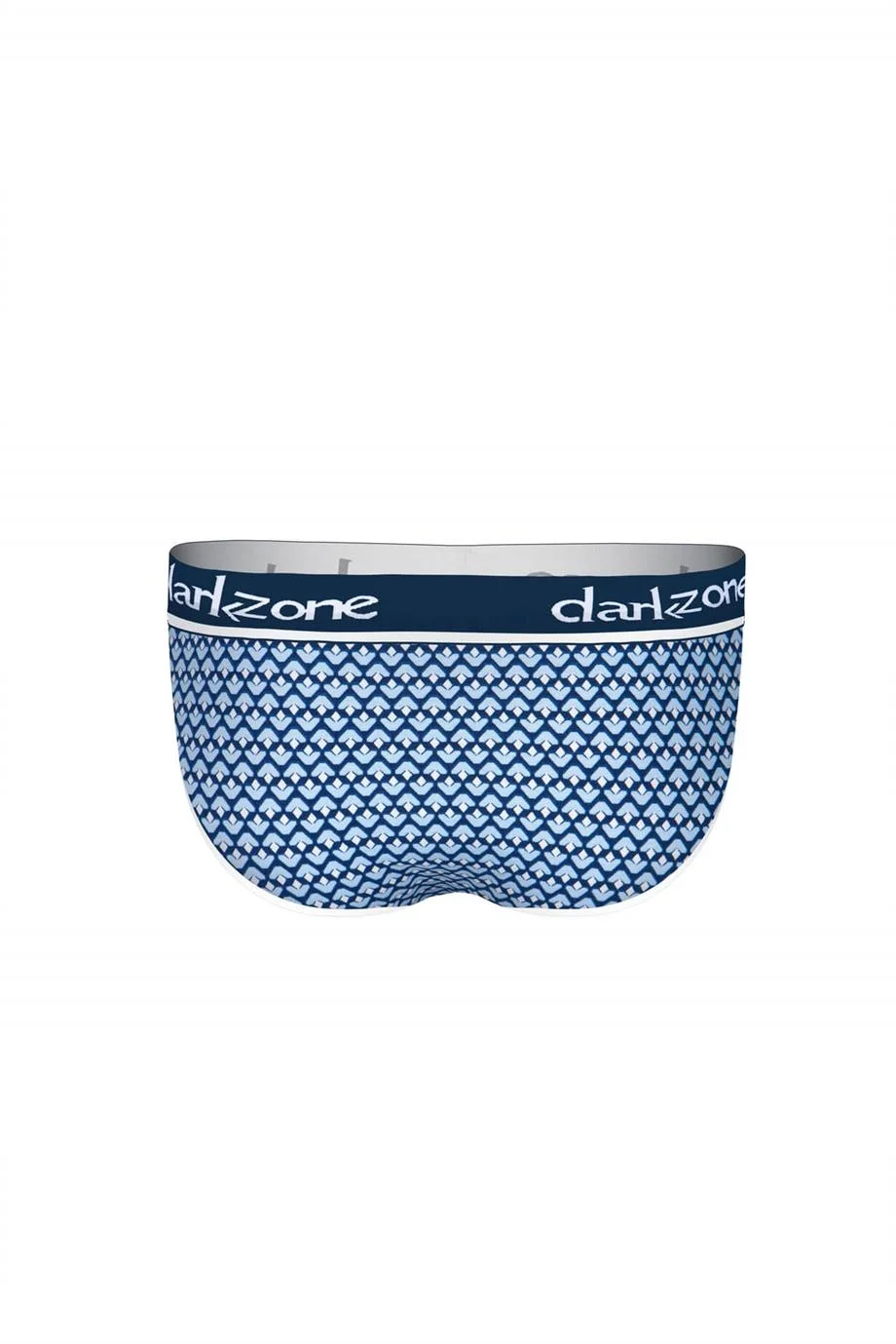Önü açık desenli erkek slip, Darkzone markası, mavi geometrik motif, ön görünüm, erkek iç giyim