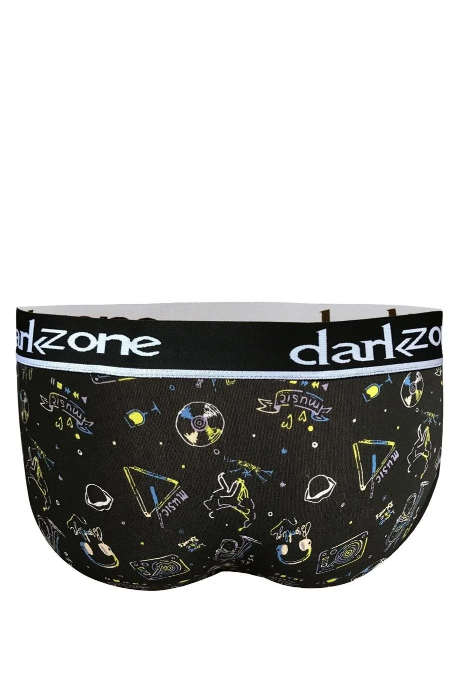 Koyu siyah, müzik ve uzay desenli erkek slip, Darkzone markası, ön açık tasarım, DZN6265 modeli