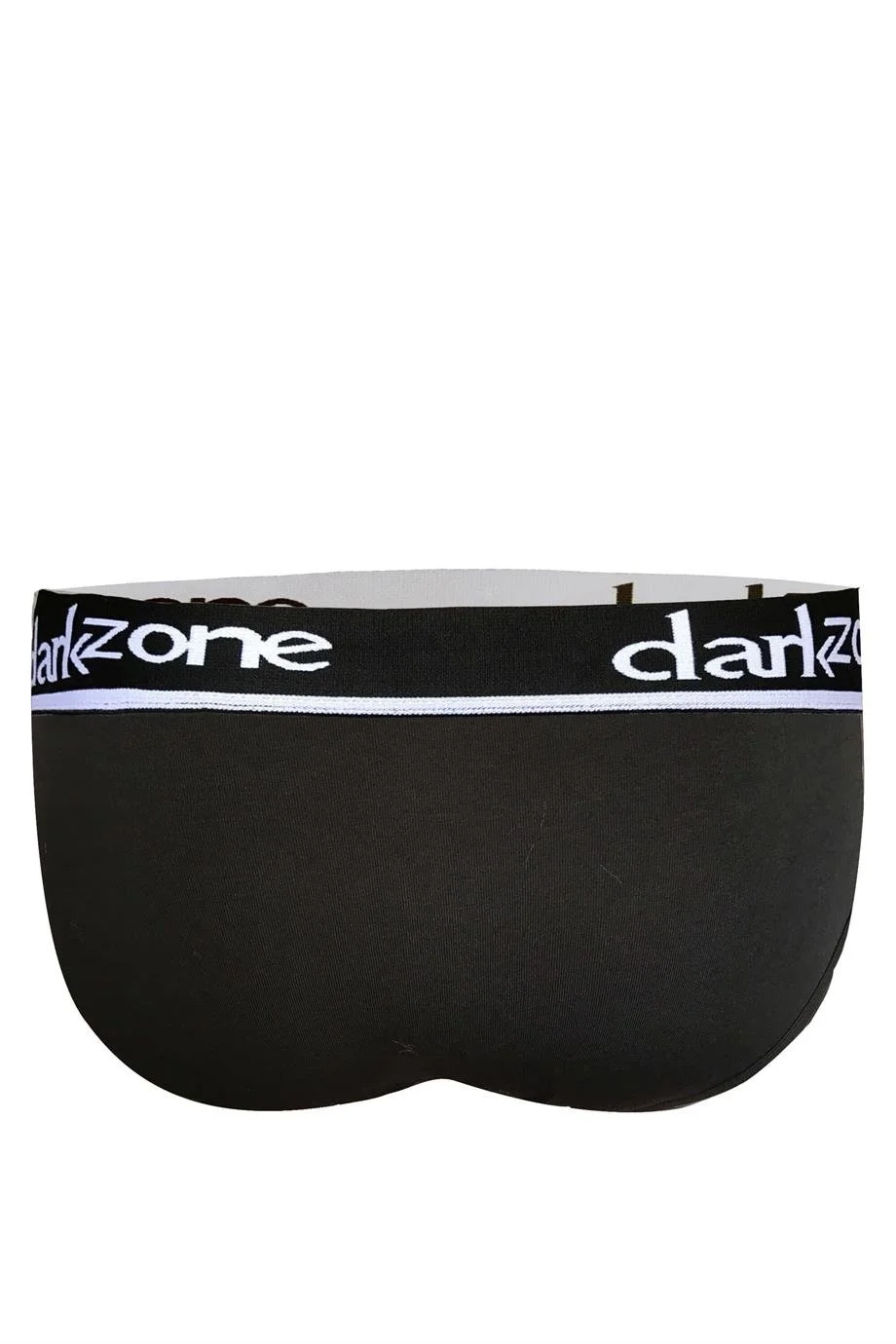 Önü açık siyah erkek slip, Darkzone markası, ön görünüm, beyaz yazılı bel bandı, erkek iç giyim