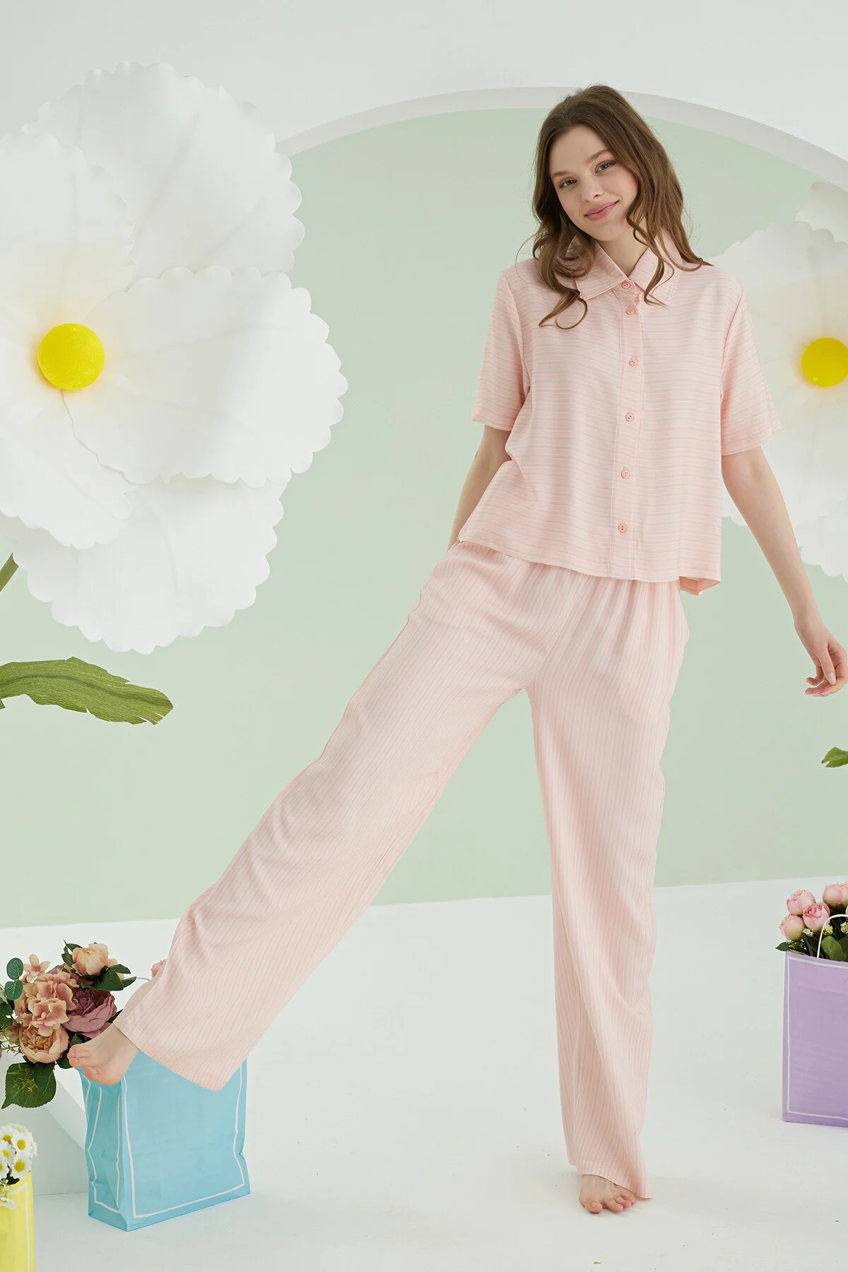 Nbb Pembe Çizgili Önden Düğmeli Pijama Takımı Pijama Takımları Toptan