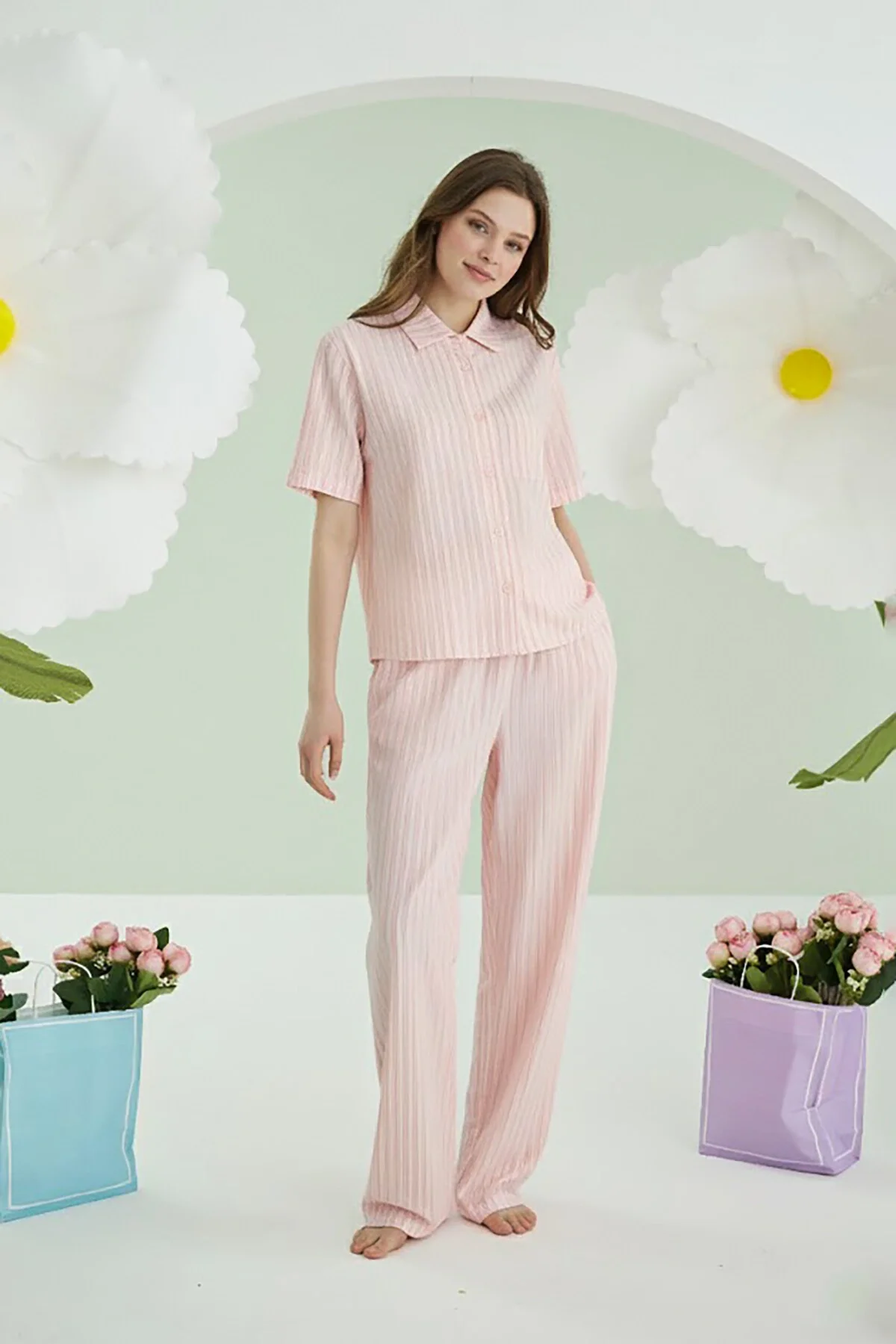 Pembe çizgili pijama takım, Nbb marka kadın pijama seti, kısa kollu gömlek ve pantolon, rahat uyku giyimi