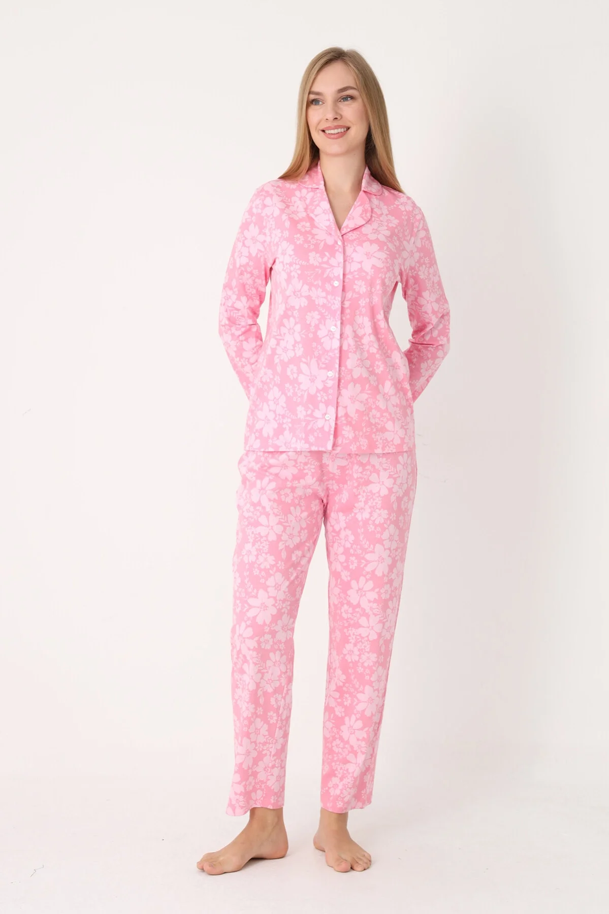 Pembe çiçek desenli önden düğmeli pijama takımı, Nbb marka kadın pijama, rahat ve sıcak iç giyim