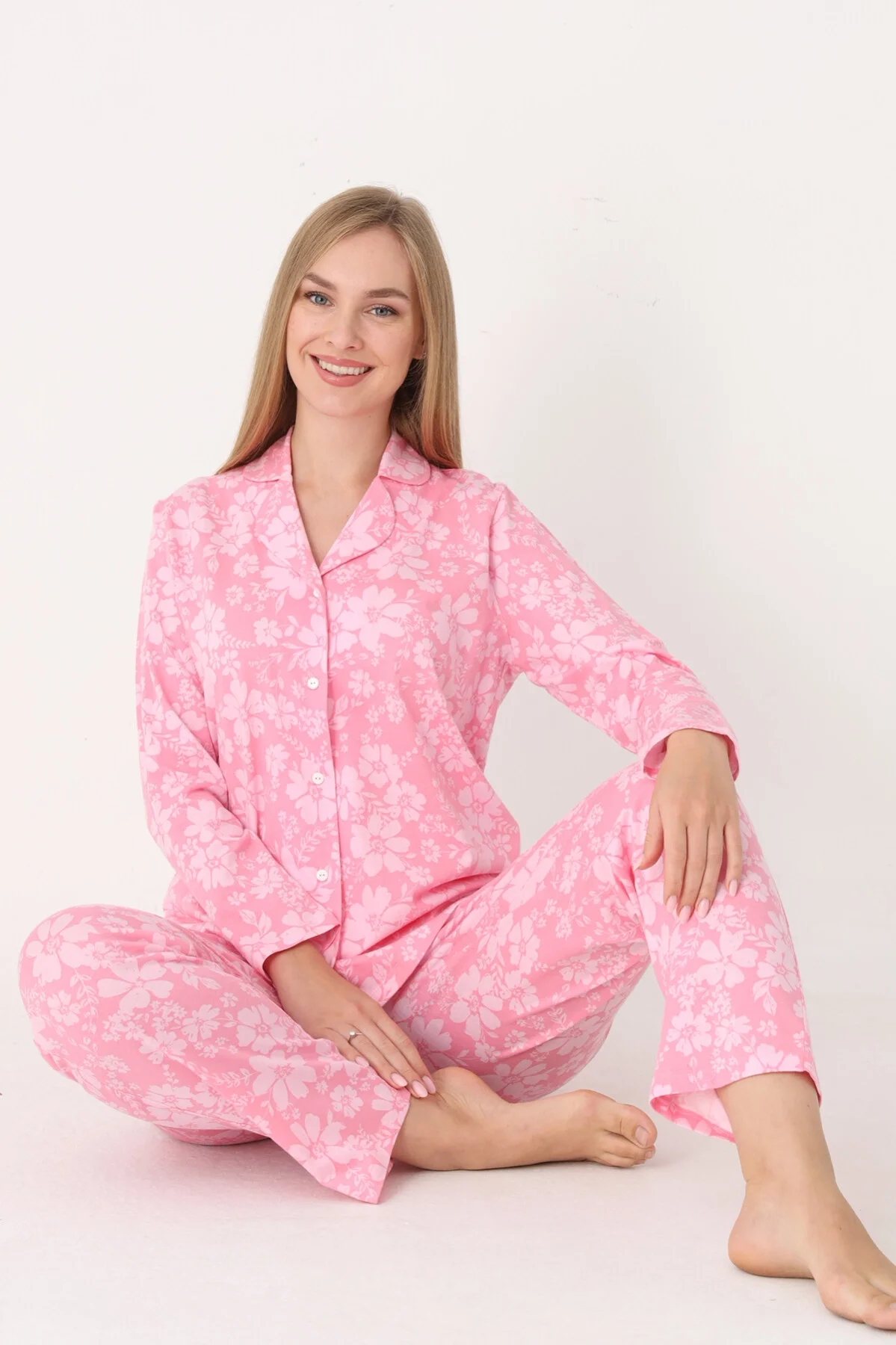 Nbb Pembe Flower Effect Önden Düğmeli Pijama Takımı Pijama Takımları Toptan