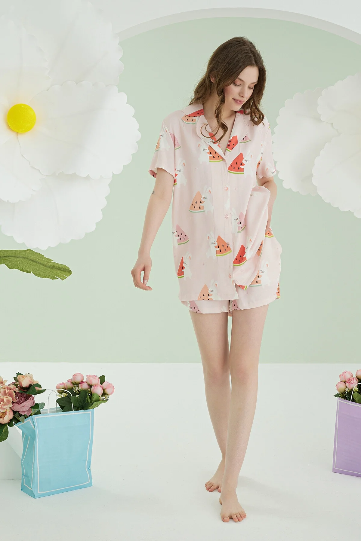 Nbb Pembe Karpuz Önden Düğmeli Şortlu Pijama Takımı Pijama Takımları Toptan