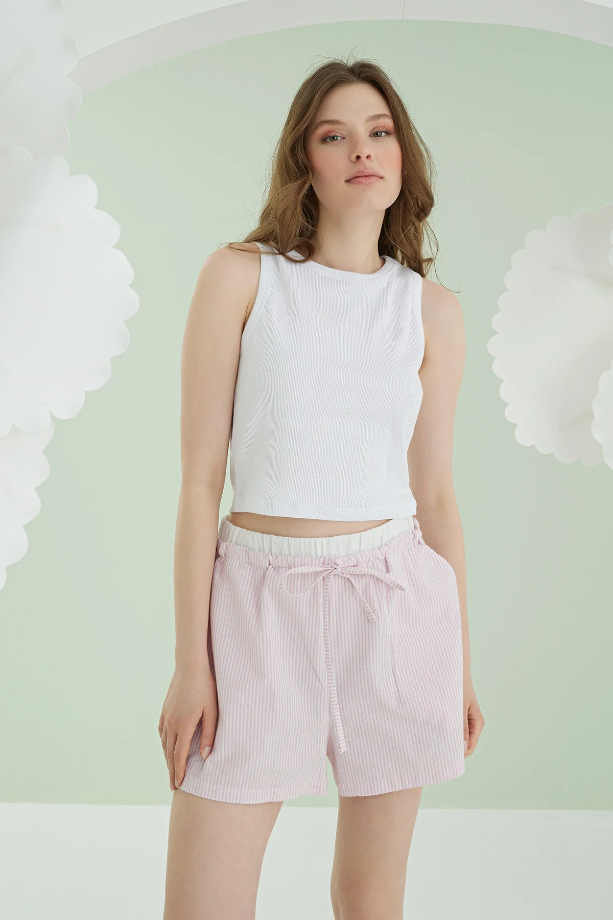 Nbb Pembe Kurdele Crop Şort Takım Şort Takım Toptan