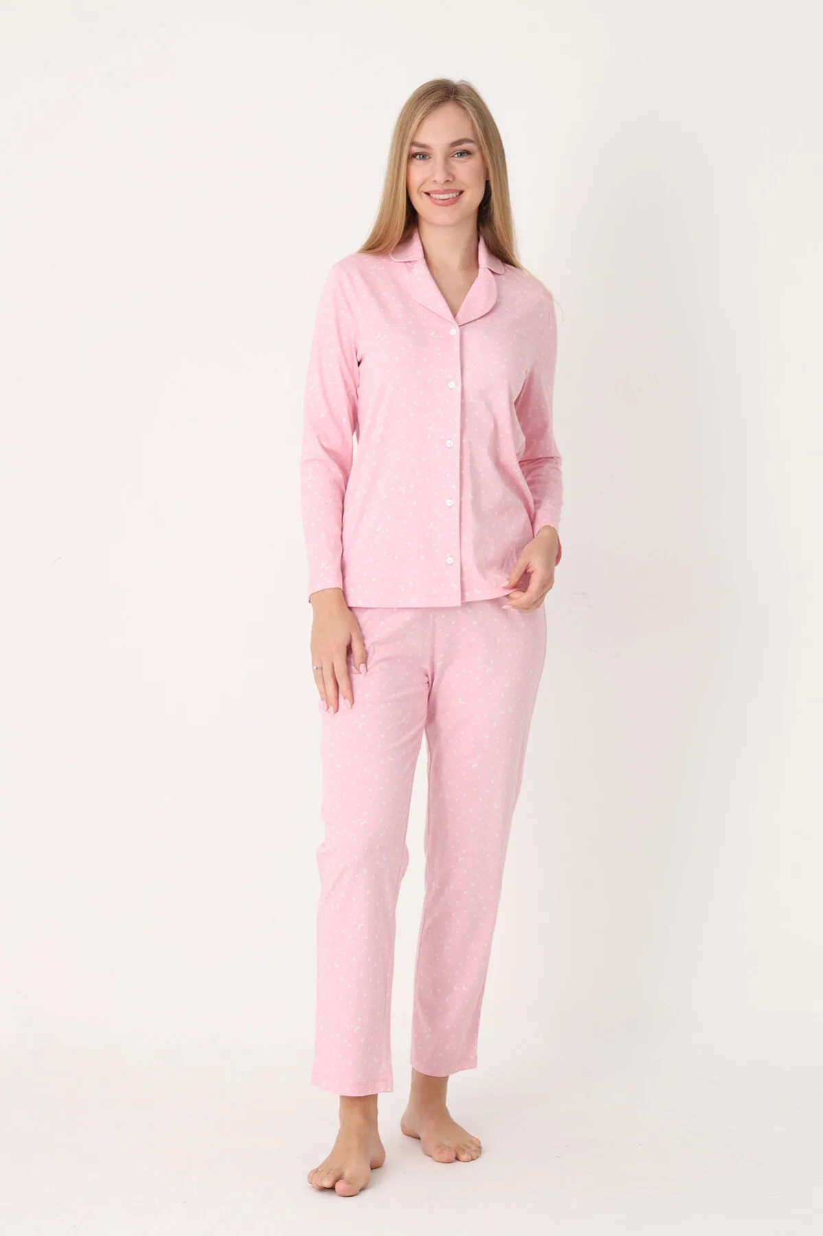 Pembe moon and stars desenli önden düğmeli pijama takım, Nbb marka kadın pijama, rahat ve uyku için ideal