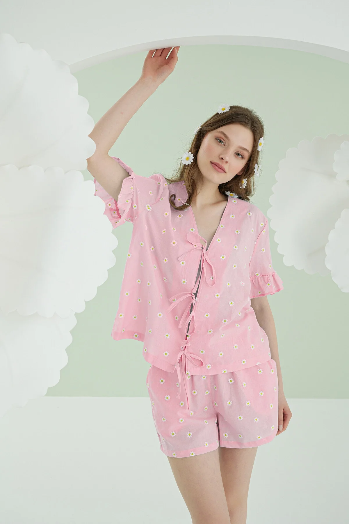 Nbb Pembe Papatya Şortlu Önden Bağlamalı Pijama Takımı Şort Takım Toptan