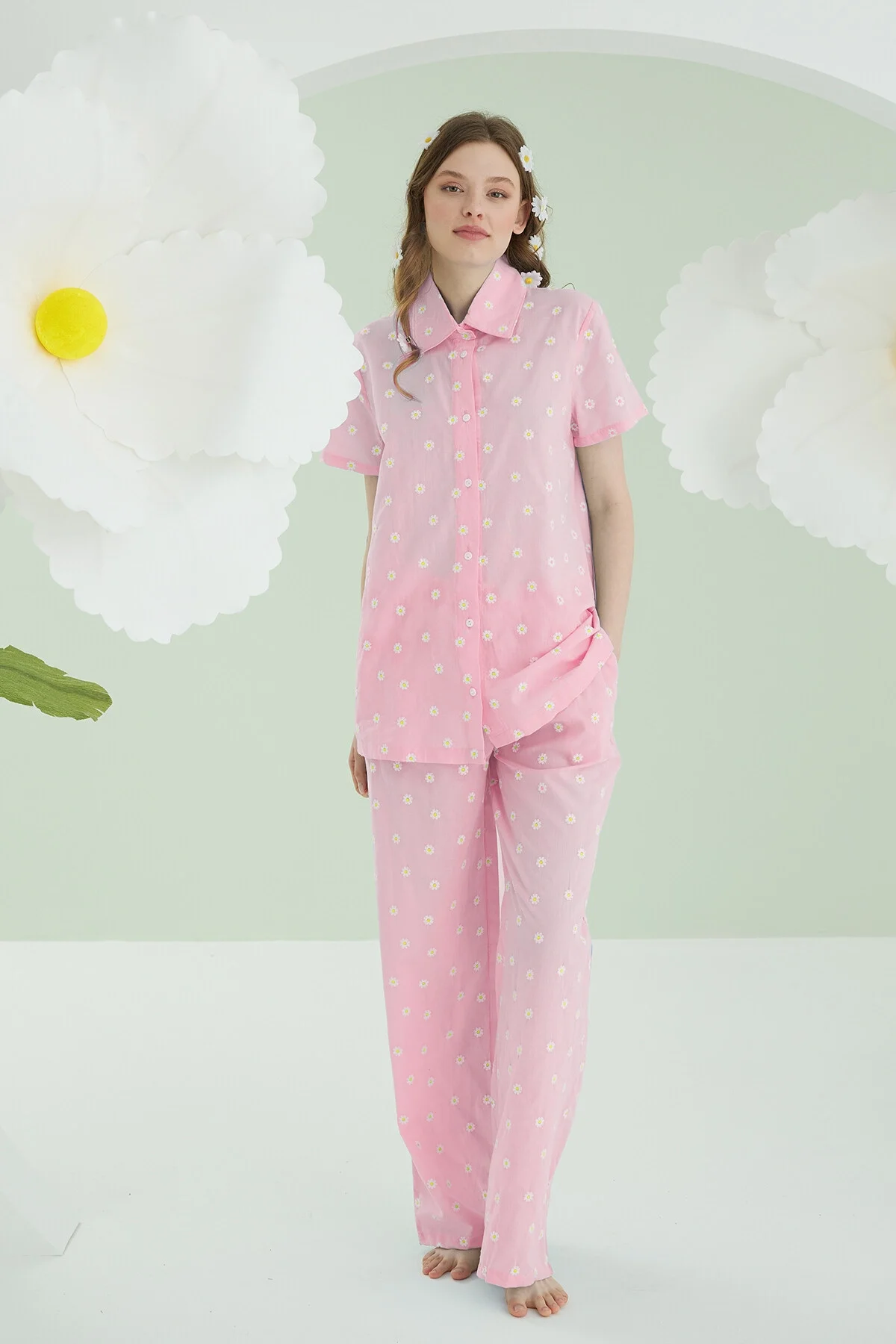 Nbb Pembe Papatyalı Önden Düğmeli Pijama Takımı Pijama Takımları Toptan