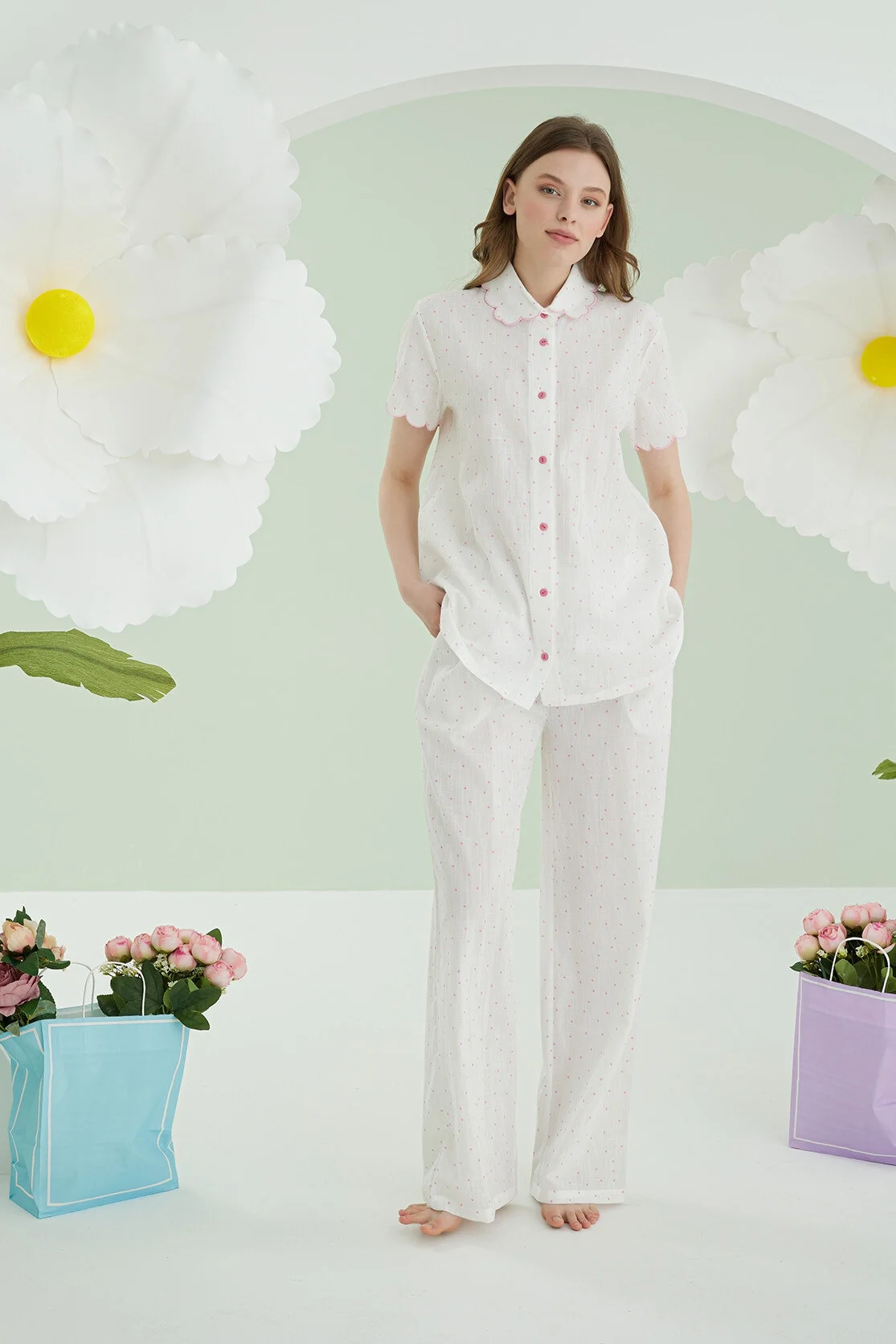 Nbb Pembe Puantiyeli Önden Düğmeli Pijama Takımı Pijama Takımları Toptan