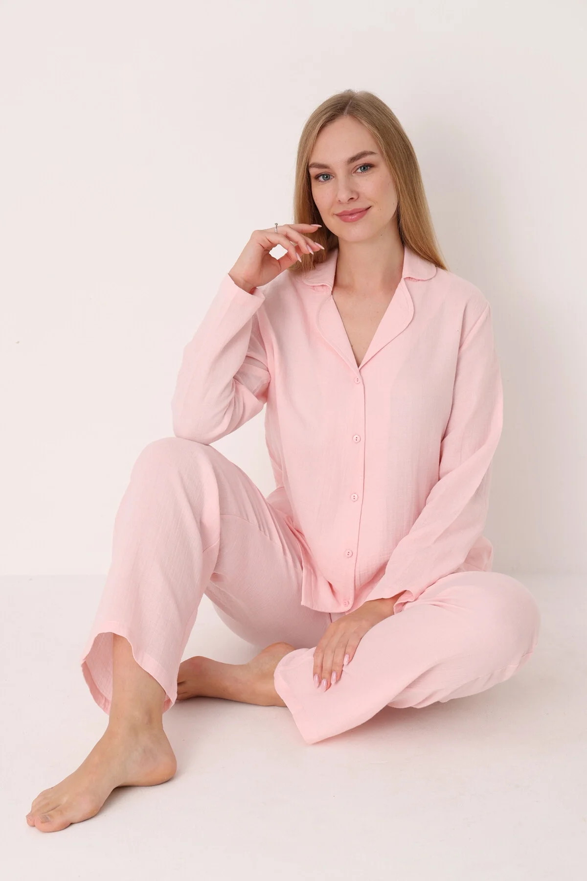 Nbb Pembe Straight Önden Düğmeli Pijama Takım Pijama Takımları Toptan