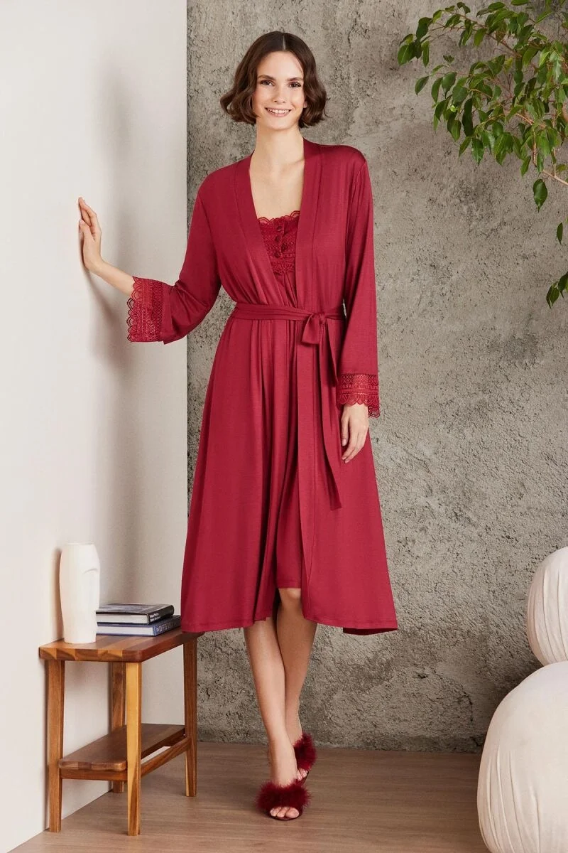 Pierre Cardin Penye Dantelli Kadın Gecelik ve Sabahlık Takım - 4005 Bordo Gecelik Sabahlık Takım Toptan