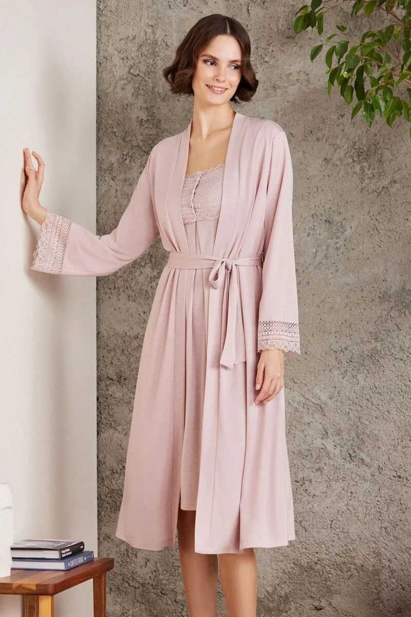 Pierre Cardin Penye Dantelli Kadın Gecelik ve Sabahlık Takım - 4005 Pudra Gecelik Sabahlık Takım Toptan