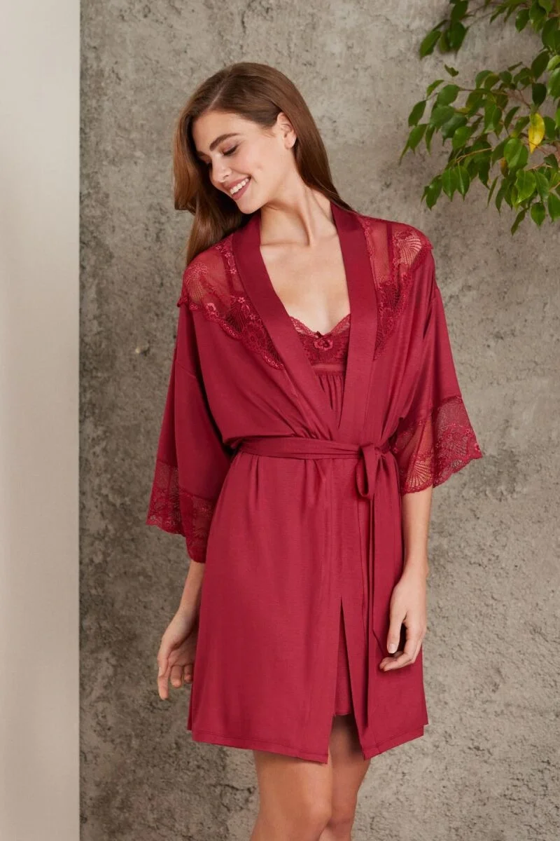 Pierre Cardin Penye Dantelli Kadın Gecelik ve Sabahlık Takım - 4010 Bordo Gecelik Sabahlık Takım Toptan