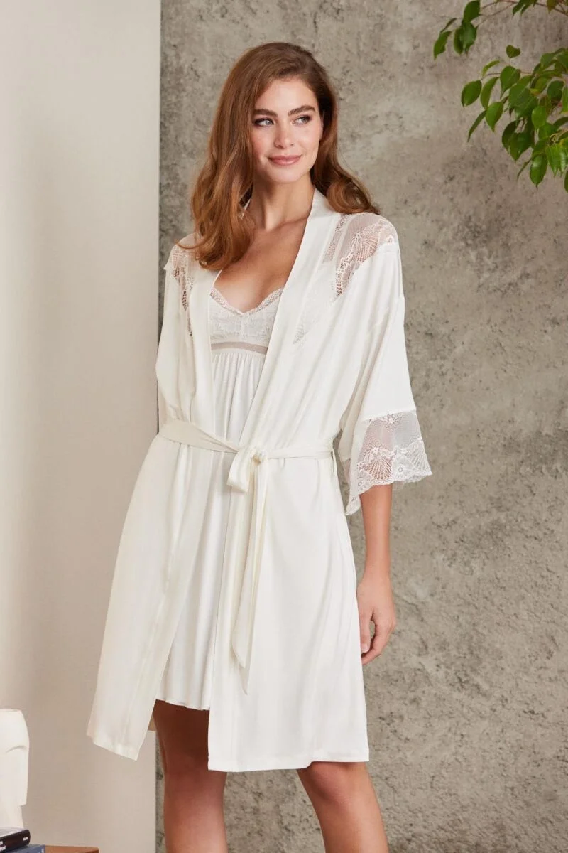 Pierre Cardin Penye Dantelli Kadın Gecelik ve Sabahlık Takım - 4010 Ekru Gecelik Sabahlık Takım Toptan