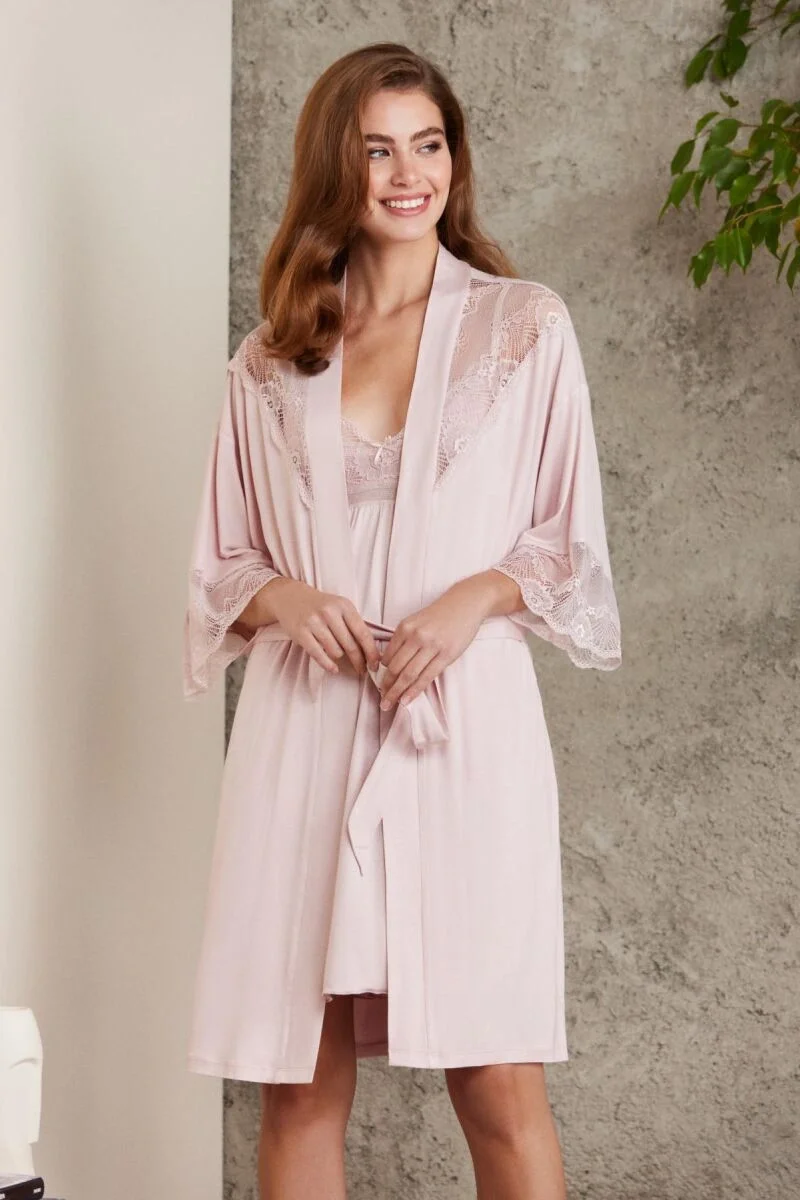 Pierre Cardin Penye Dantelli Kadın Gecelik ve Sabahlık Takım - 4010 Pudra Gecelik Sabahlık Takım Toptan