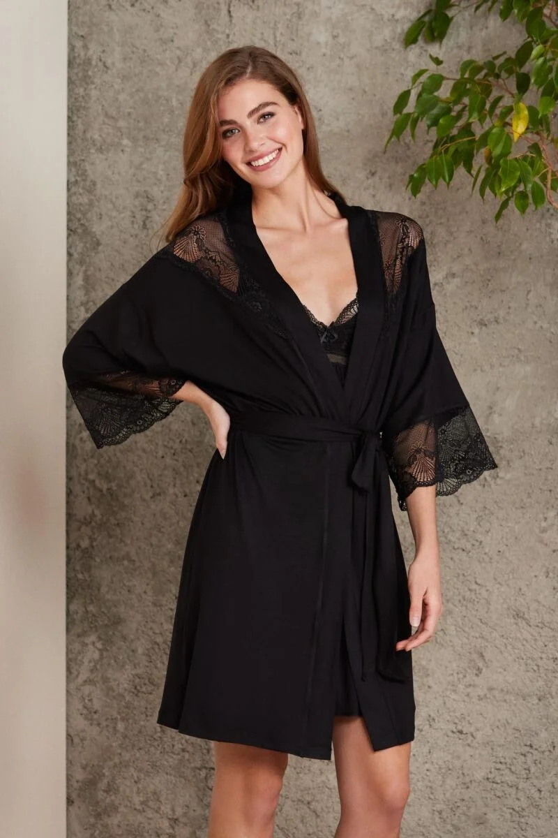 Pierre Cardin Penye Dantelli Kadın Gecelik ve Sabahlık Takım - 4010 Siyah Gecelik Sabahlık Takım Toptan