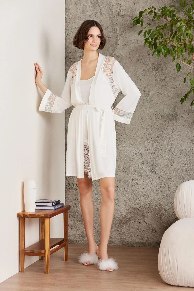 Pierre Cardin Penye Dantelli Kadın Gecelik ve Sabahlık Takım - 4015 Ekru Gecelik Sabahlık Takım Toptan