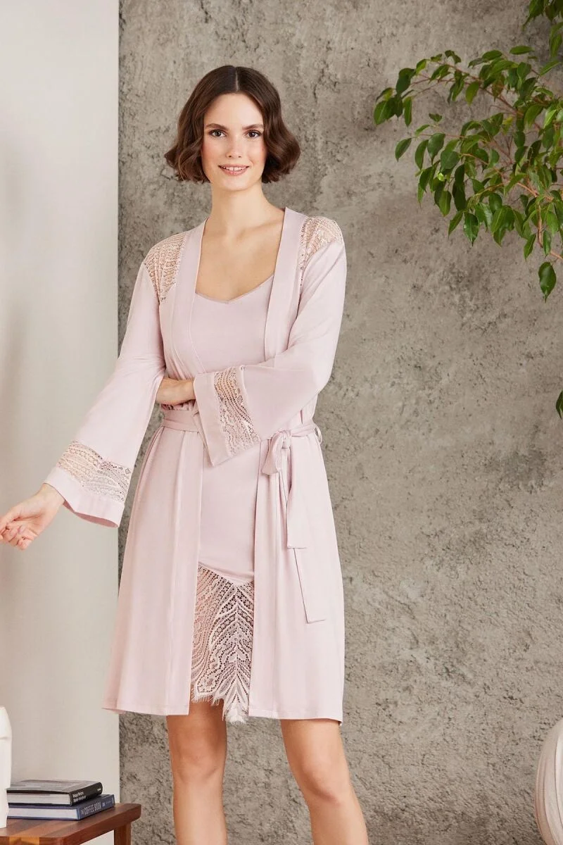 Pierre Cardin Penye Dantelli Kadın Gecelik ve Sabahlık Takım - 4015 Pudra Gecelik Sabahlık Takım Toptan