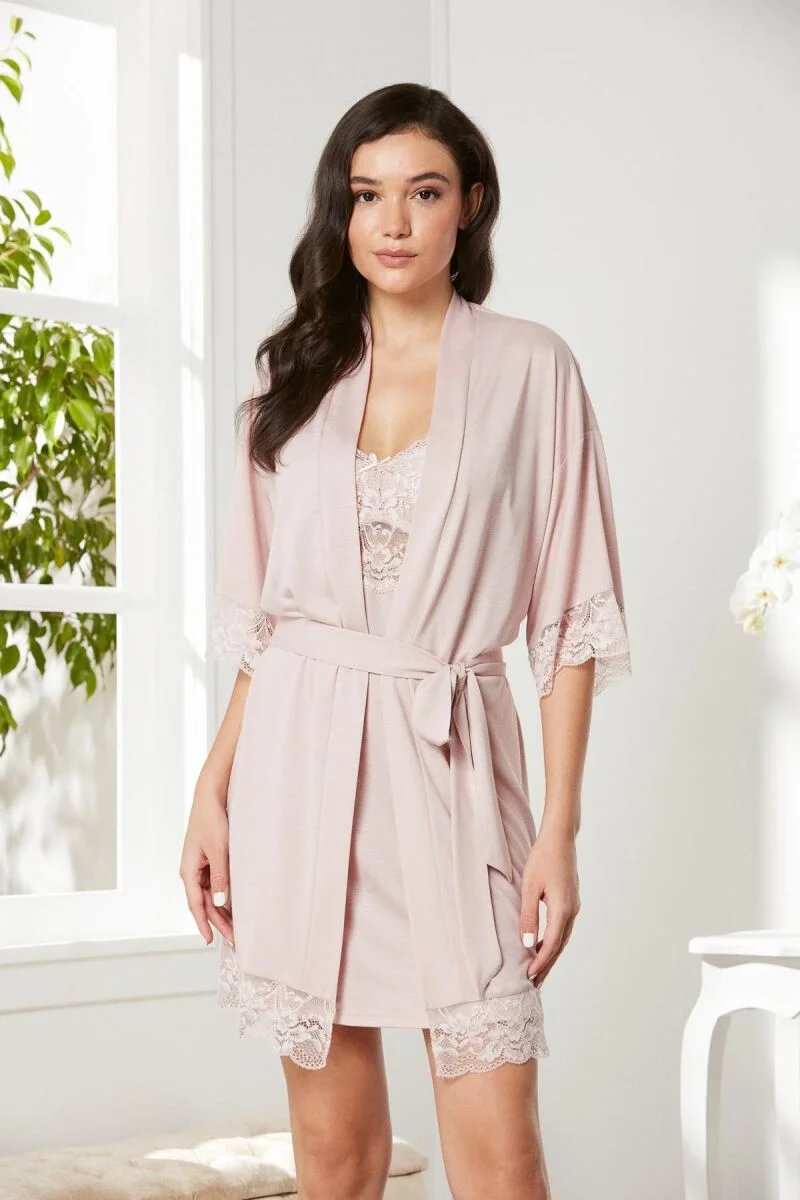 Pierre Cardin Penye Dantelli Kadın Gecelik ve Sabahlık Takım - 4020 Pudra Gecelik Sabahlık Takım Toptan