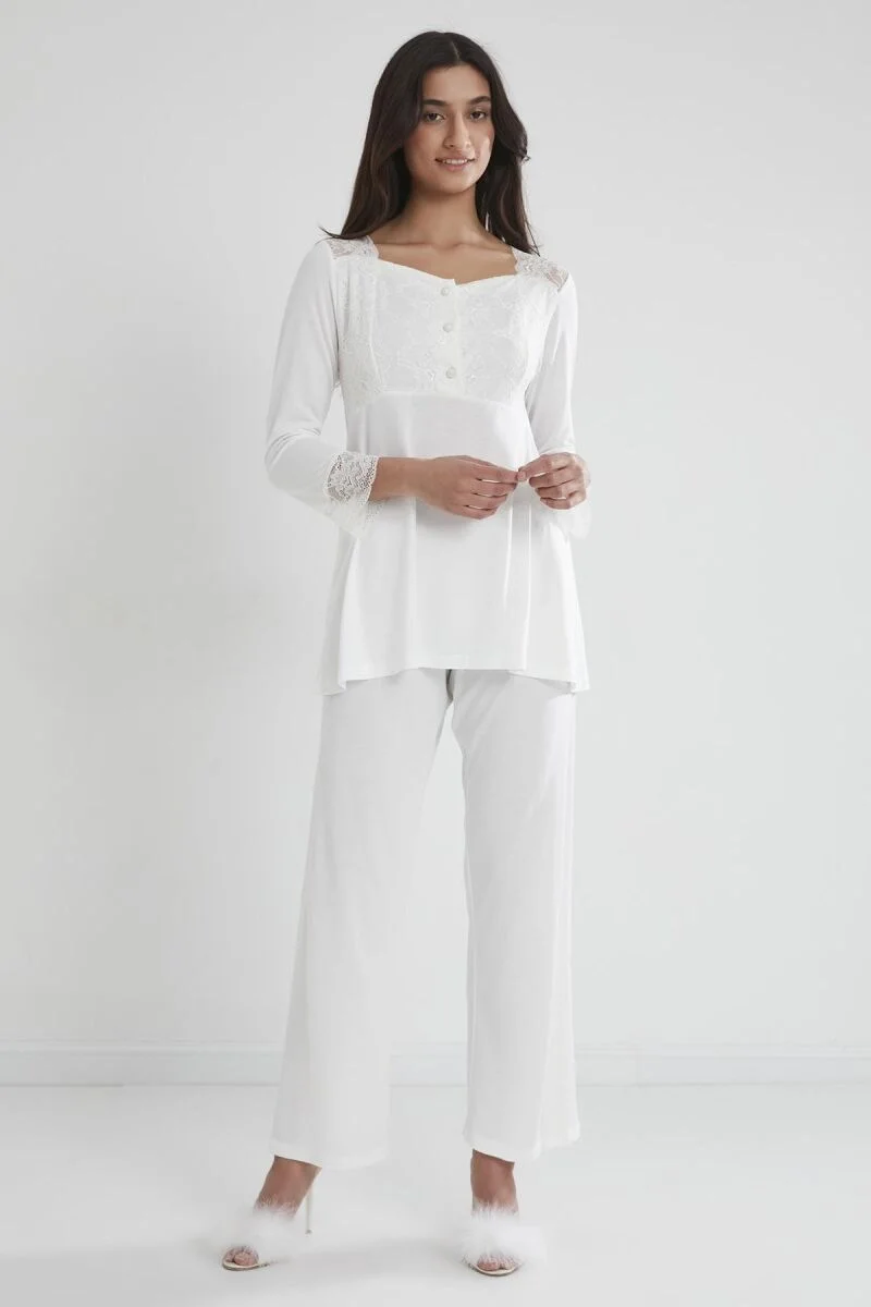 Pierre Cardin Penye Dantelli Lohusa Pijama Takımı - 1241 Ekru Pijama Takımları Toptan