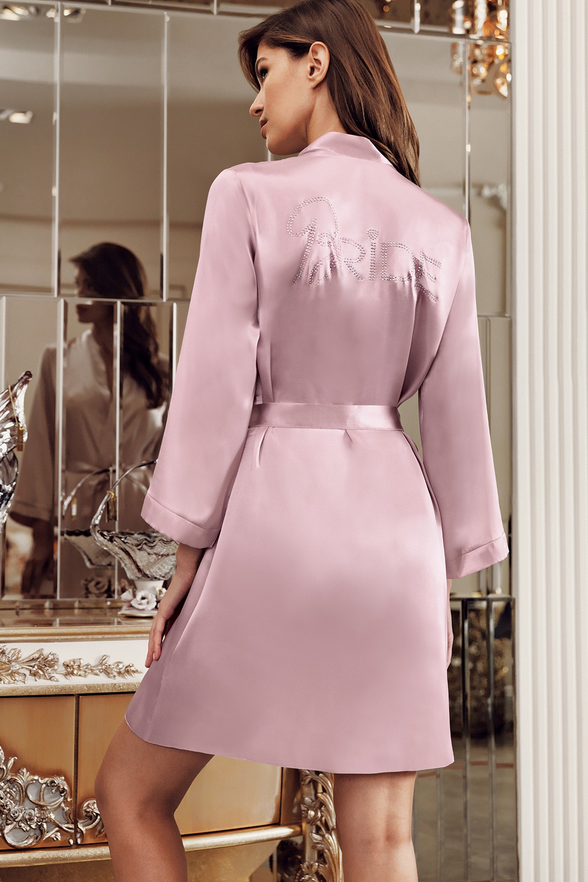 Perin 1020 Bride Saten Gelin Sabahlığı Pudra | Lüks Nakışlı Düğün Sabahı Set