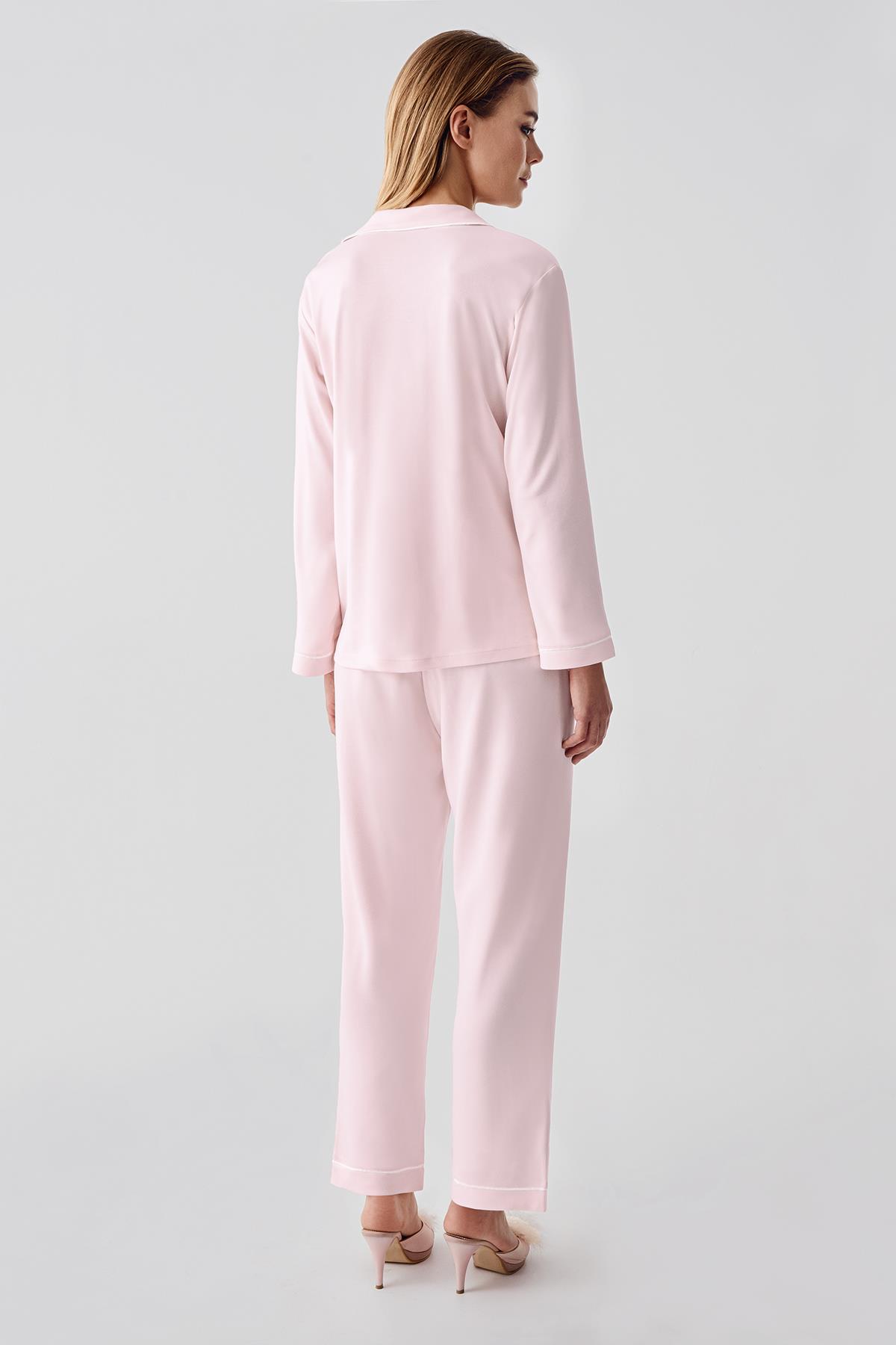 Perin 1035 Ara Biyeli Saten Pijama Takımı - Pembe | Kontrast Detaylı Feminen Ev Giyim