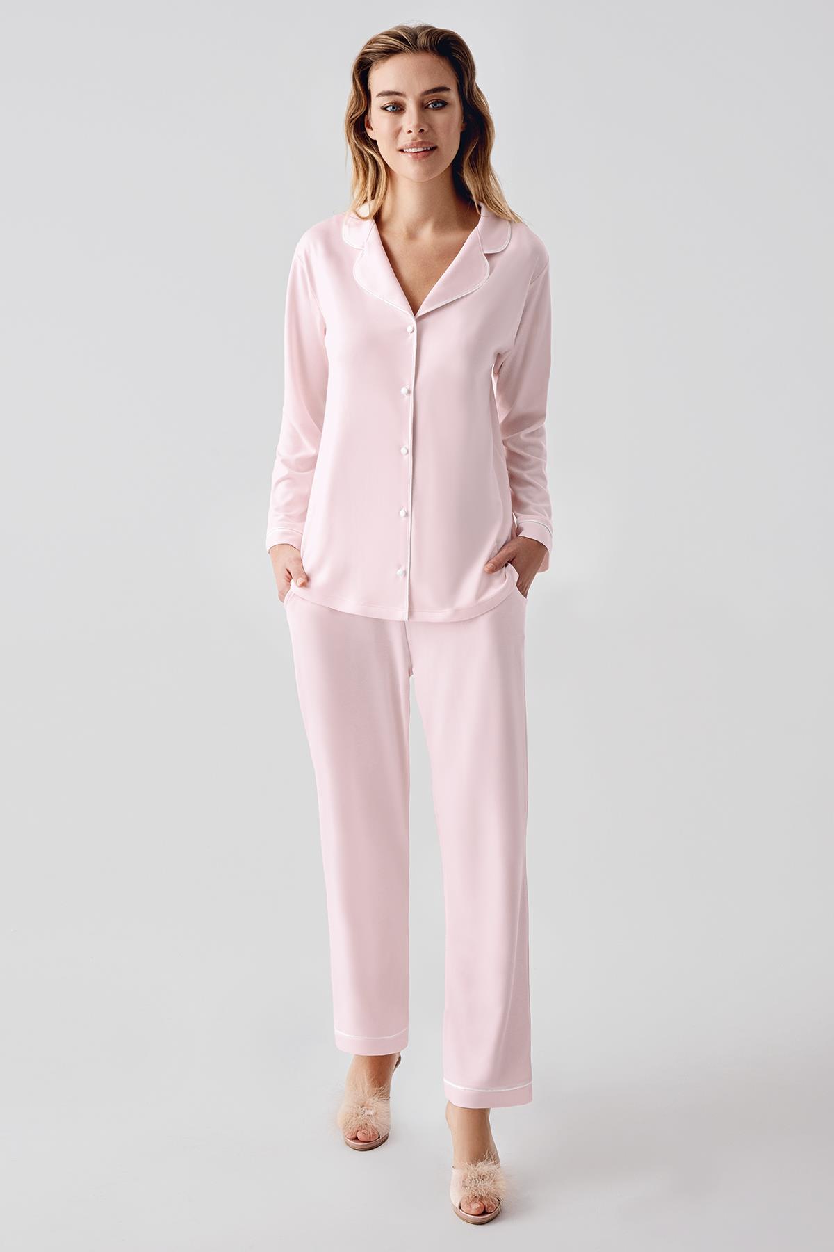 Perin 1035 Ara Biyeli Saten Pijama Takımı - Pembe | Kontrast Detaylı Feminen Ev Giyim