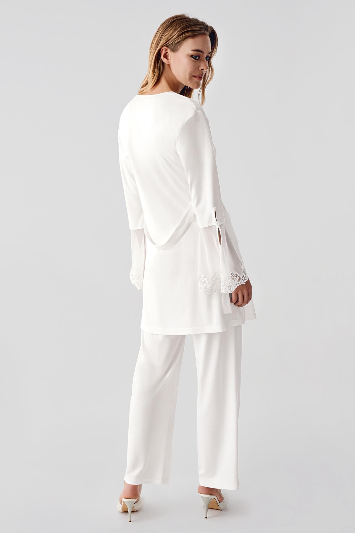 Perin 322 Penye 3'lü Pijama Sabahlık Takımı - Ekru | Modern Romantik Dantel Yaka Detaylı