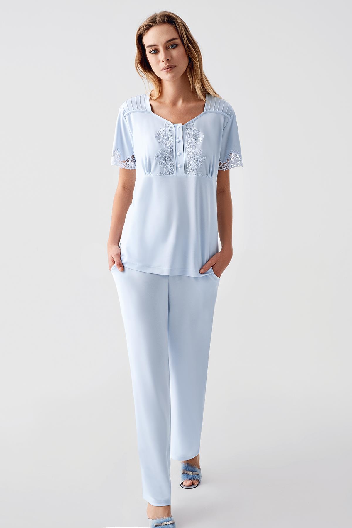 Perin 322 Penye 3'lü Pijama Sabahlık Takımı - Mavi | Modern Romantik Dantel Yaka Detaylı