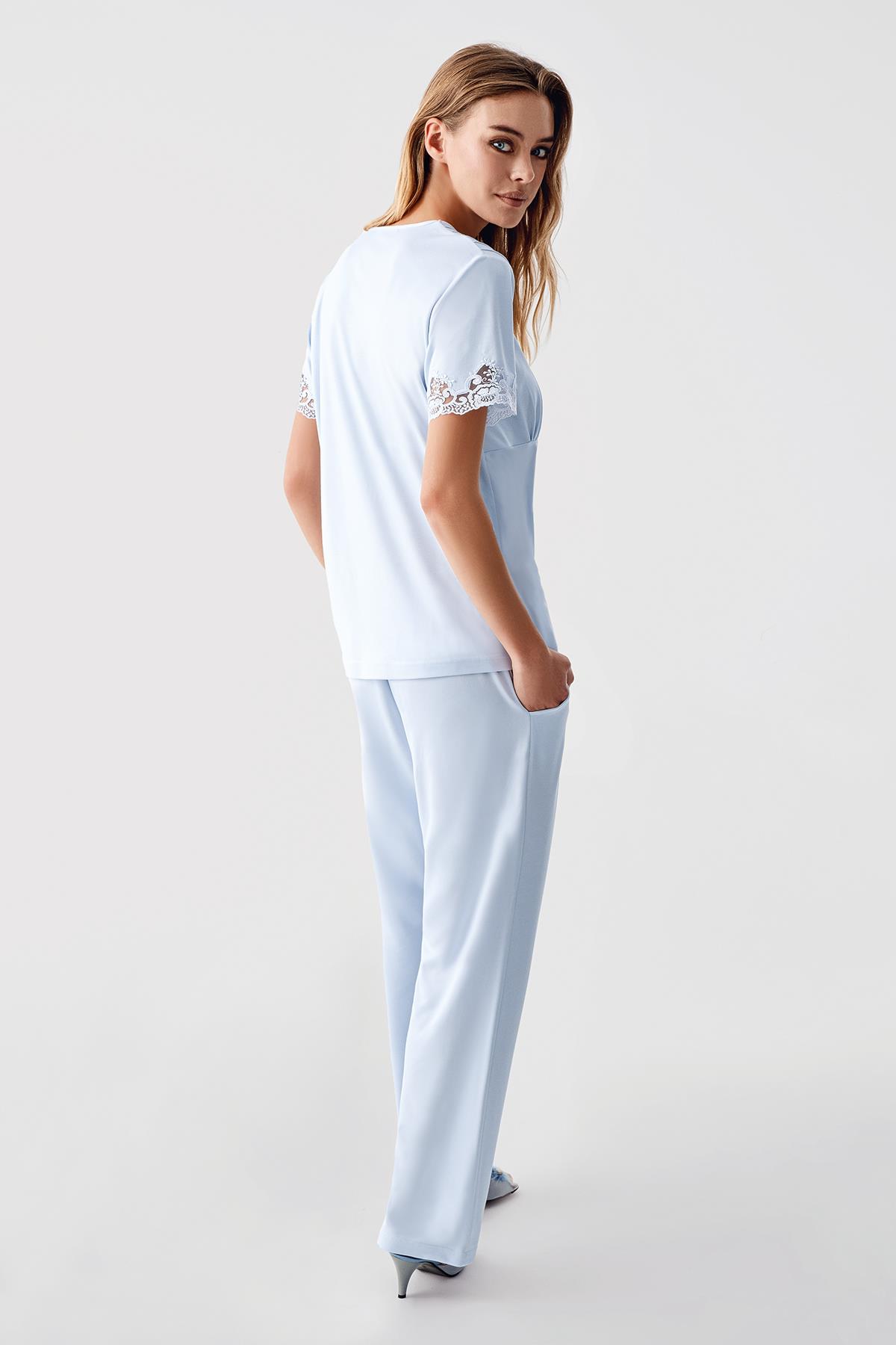 Perin 322 Penye 3'lü Pijama Sabahlık Takımı - Mavi | Modern Romantik Dantel Yaka Detaylı