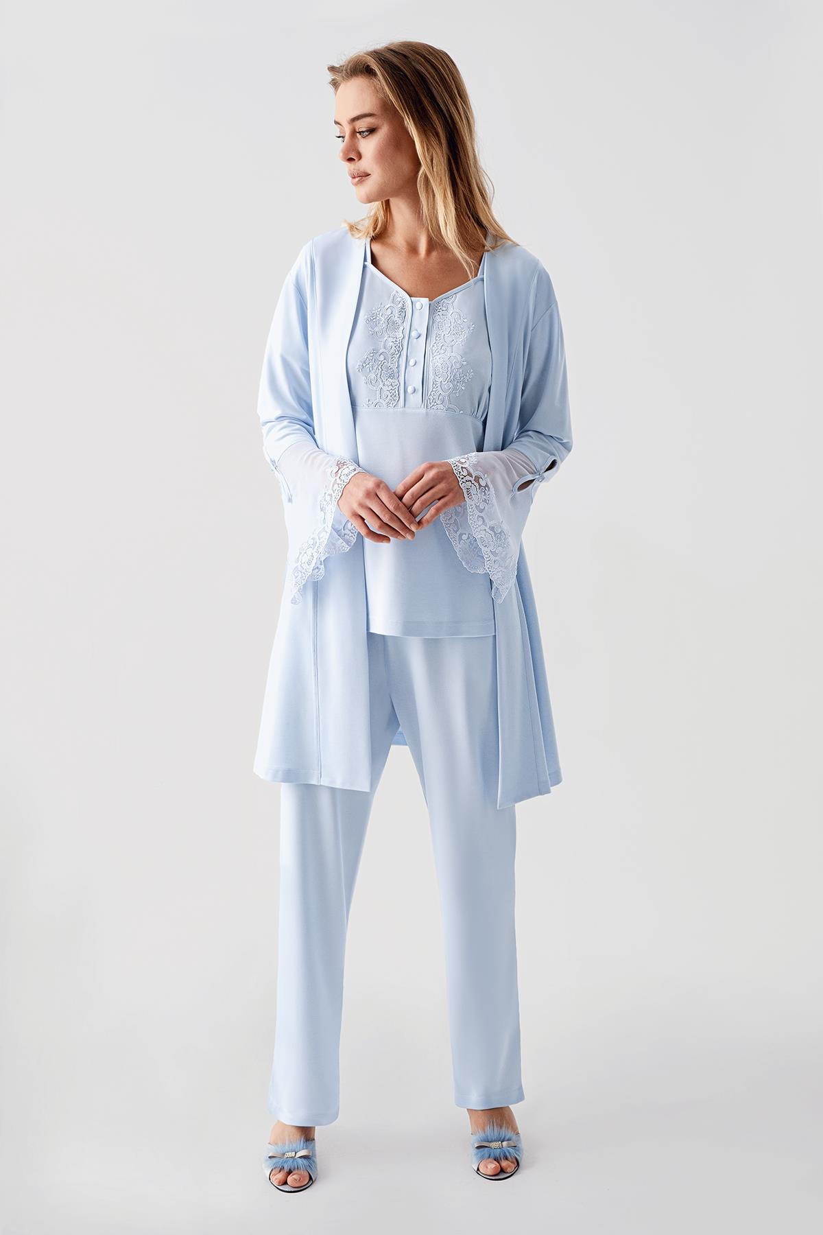 Perin 322 Penye 3'lü Pijama Sabahlık Takımı - Mavi | Modern Romantik Dantel Yaka Detaylı