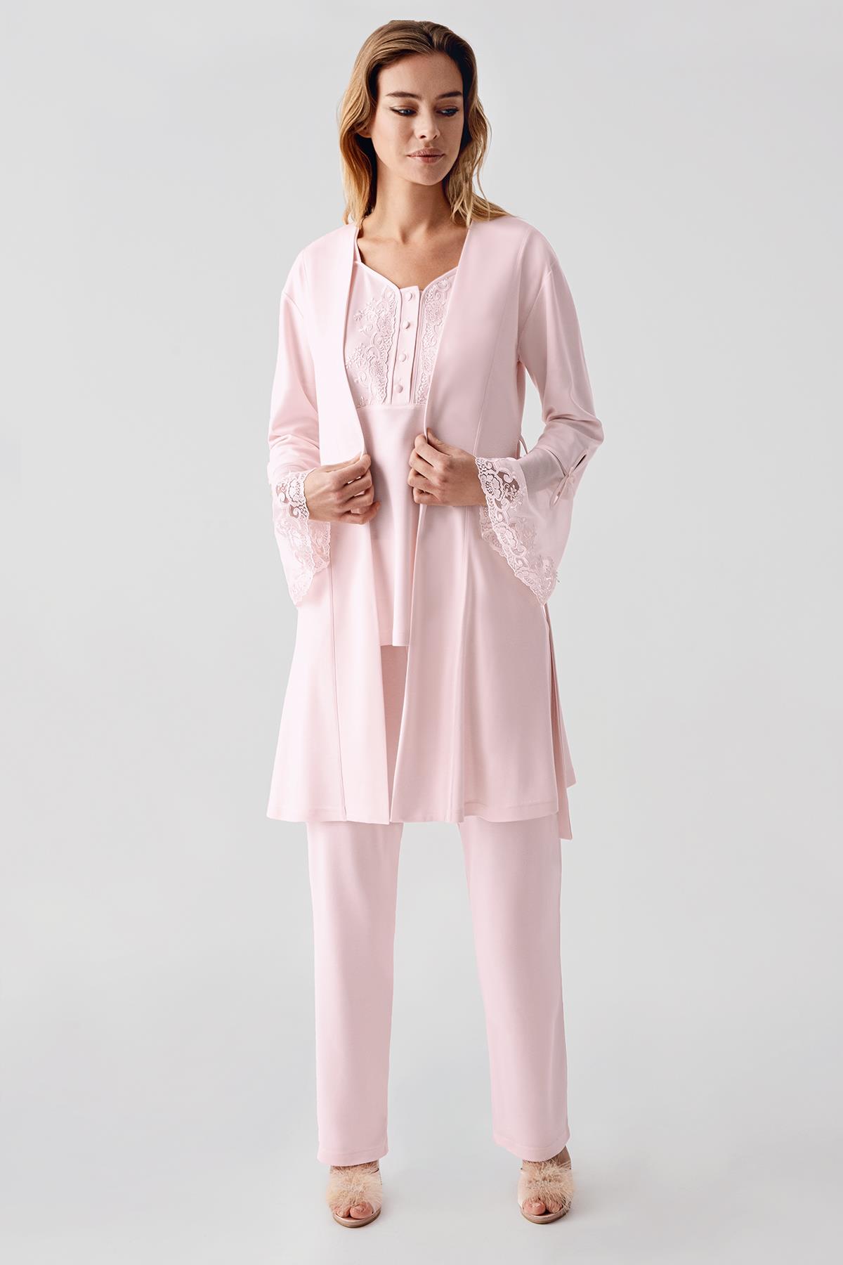 Perin 322 Penye 3'lü Pijama Sabahlık Takımı - Pembe | Modern Romantik Dantel Yaka Detaylı