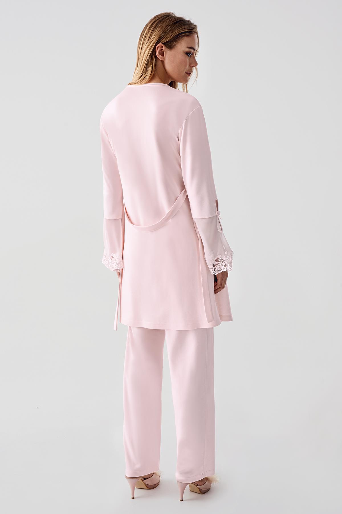 Perin 322 Penye 3'lü Pijama Sabahlık Takımı - Pembe | Modern Romantik Dantel Yaka Detaylı