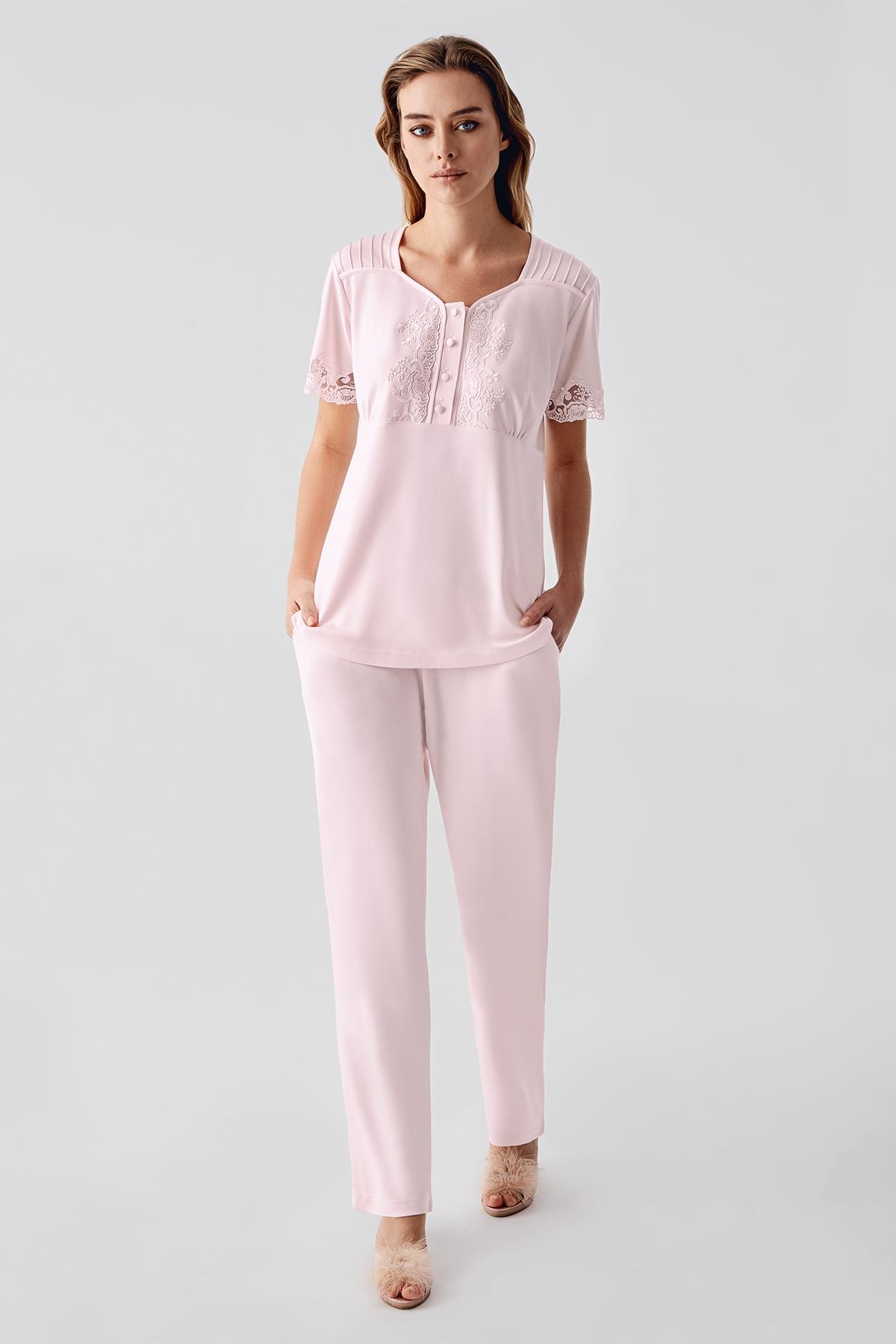 Perin 322 Penye 3'lü Pijama Sabahlık Takımı - Pembe | Modern Romantik Dantel Yaka Detaylı