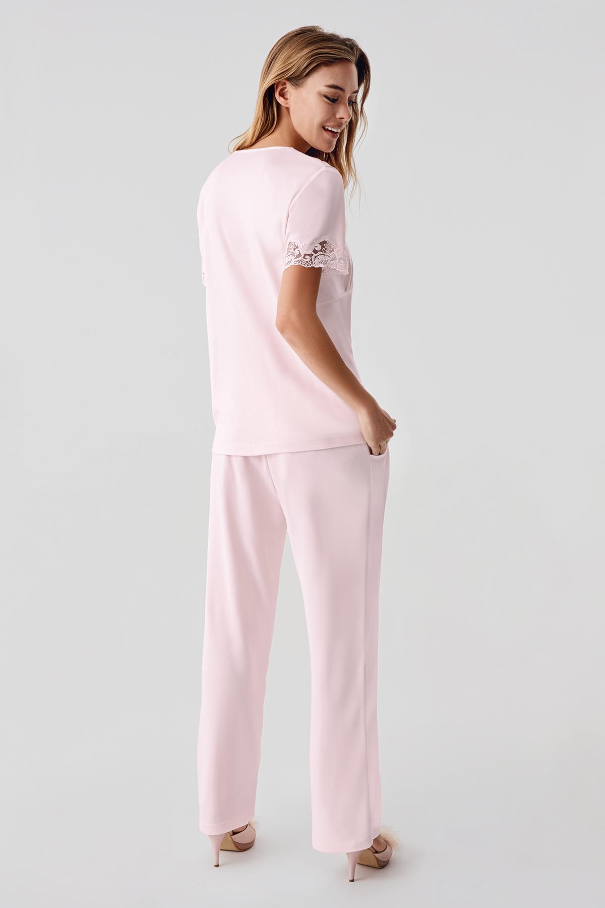 Perin 322 Penye 3'lü Pijama Sabahlık Takımı - Pembe | Modern Romantik Dantel Yaka Detaylı