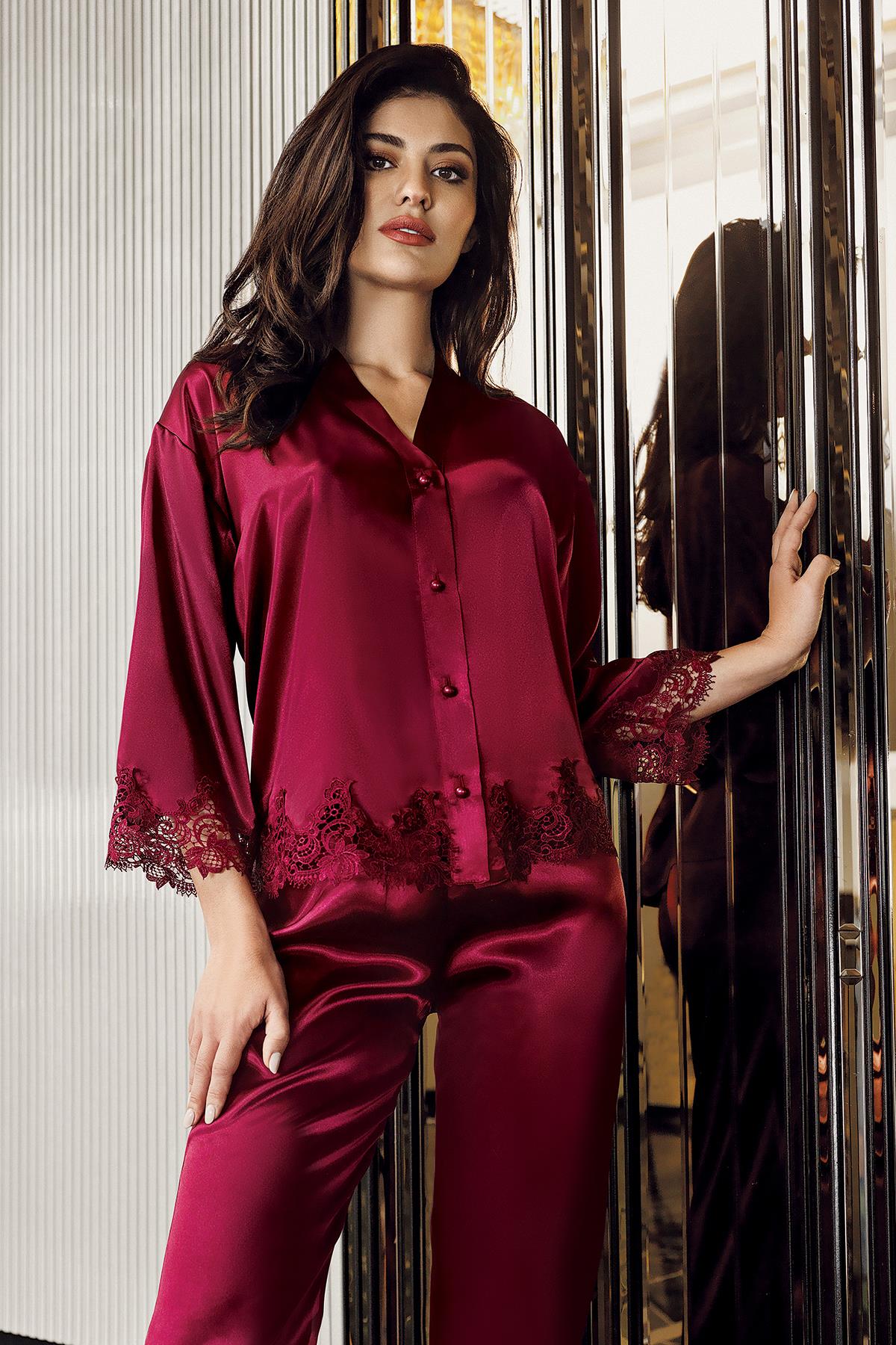 Perin 9900 Haute Couture Saten Çeyizlik Sabahlık Gecelik 6'lı Takım - Bordo | Fransız Dantel