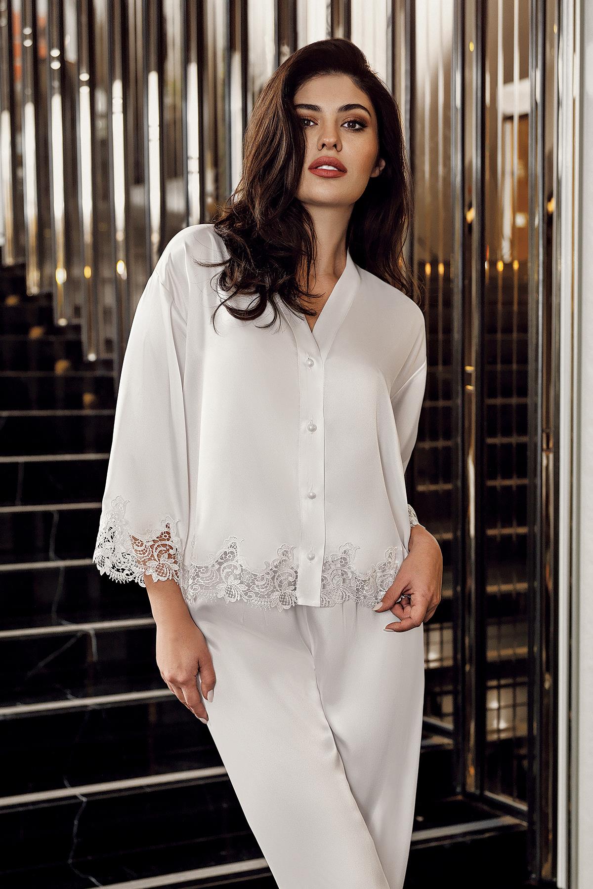 Perin 9900 Haute Couture Saten Çeyizlik Sabahlık Gecelik 6'lı Takım - Ekru | Fransız Dantel