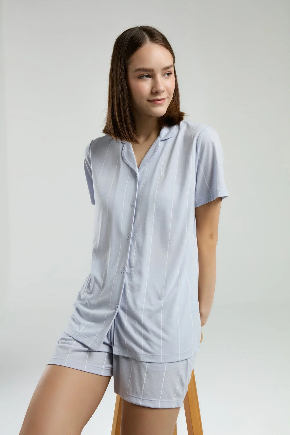 Arnetta Pierre Cardin Kadın Mavi Gömlek Şort Takım Şort Takım Toptan