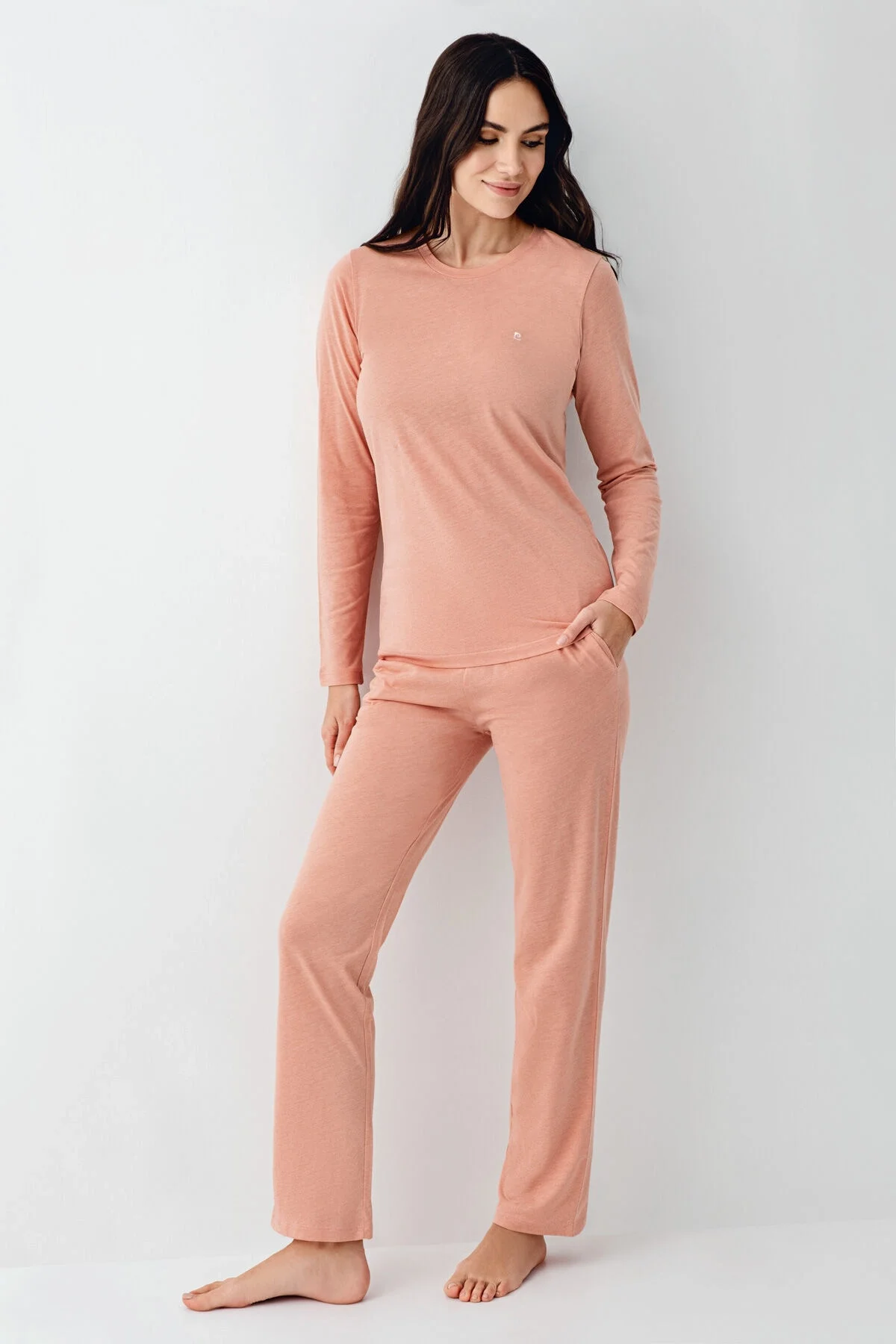Pembe Pierre Cardin kadın pijama takımı, uzun kollu üst ve pantolon, rahat ve sıcak iç giyim, Arnetta markası