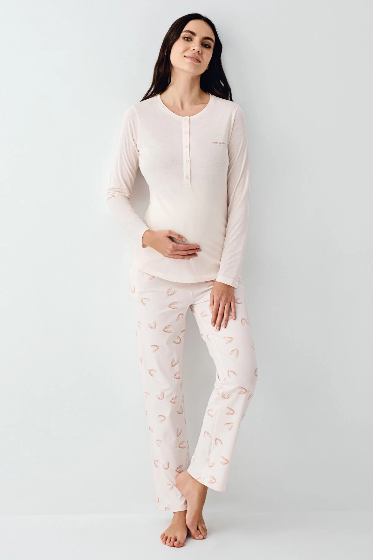 Pierre Cardin kadın pembe pijama takımı, uzun kollu üst ve kuşak desenli pantolon, rahat günlük iç giyim