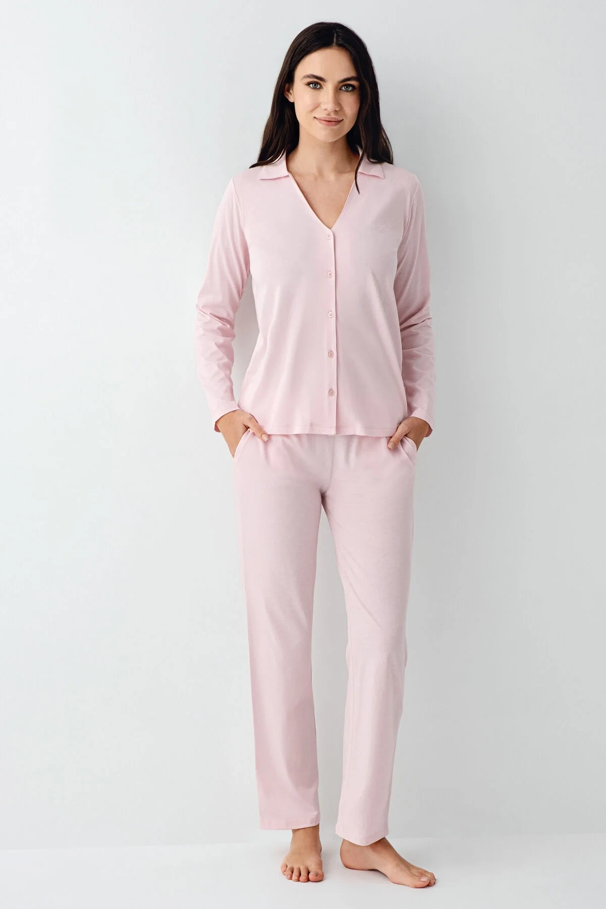 Pierre Cardin kadın turuncu pijama takımı, uzun kollu ceket ve pantolon, rahat ve lüks iç giyim