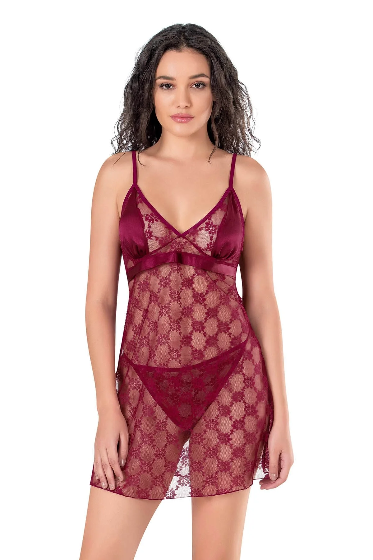 Primoda Bordo Kısa Tül Gecelik 4128