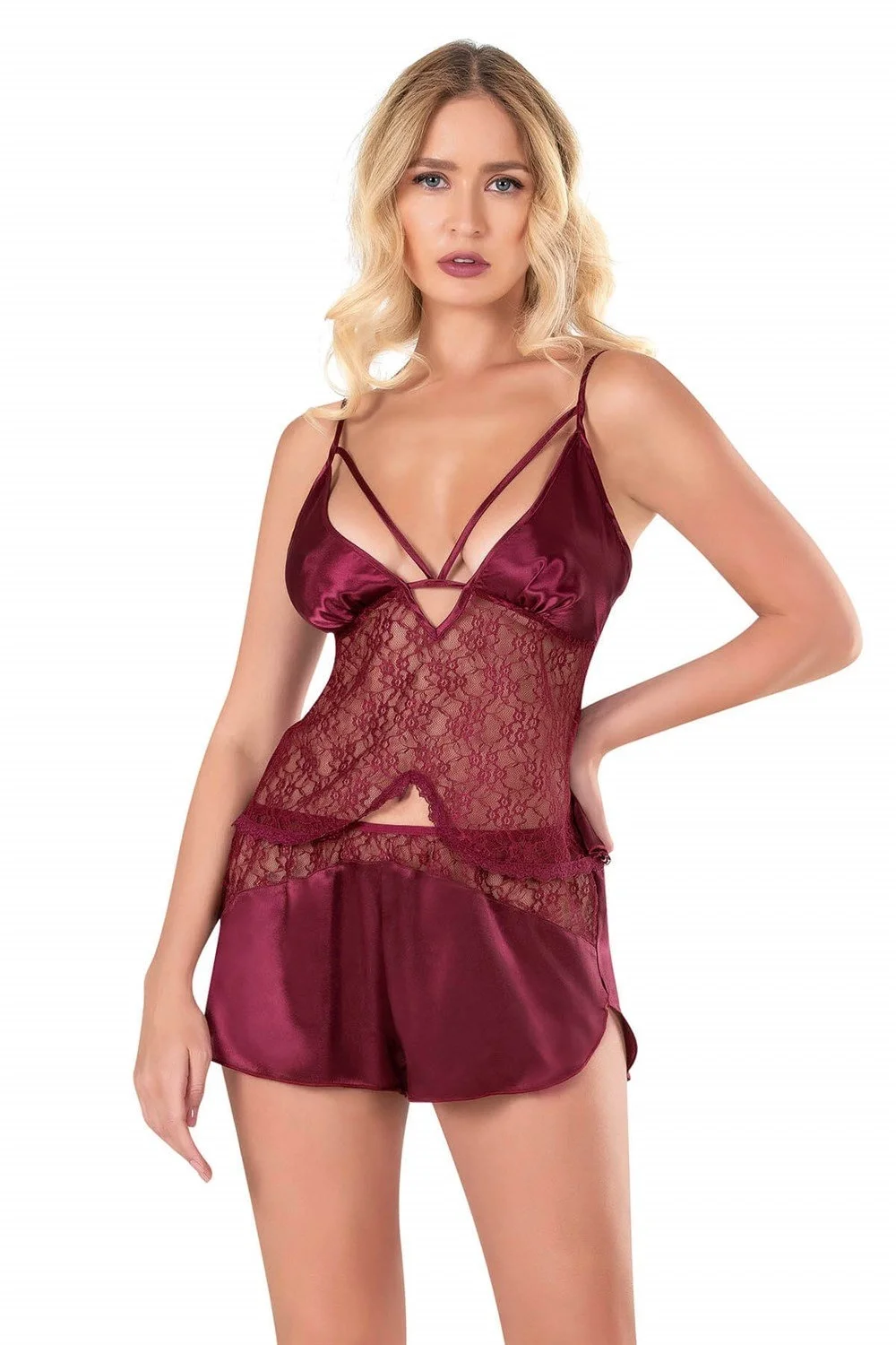 Ahu Primoda Bordo Saten Babydoll Şort Takımı 9118 Şort Takım Toptan