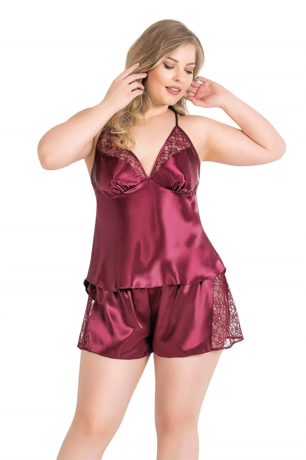 Ahu Primoda Büyük Beden Bordo Saten Babydoll Şort Takımı 1059 Şort Takım Toptan