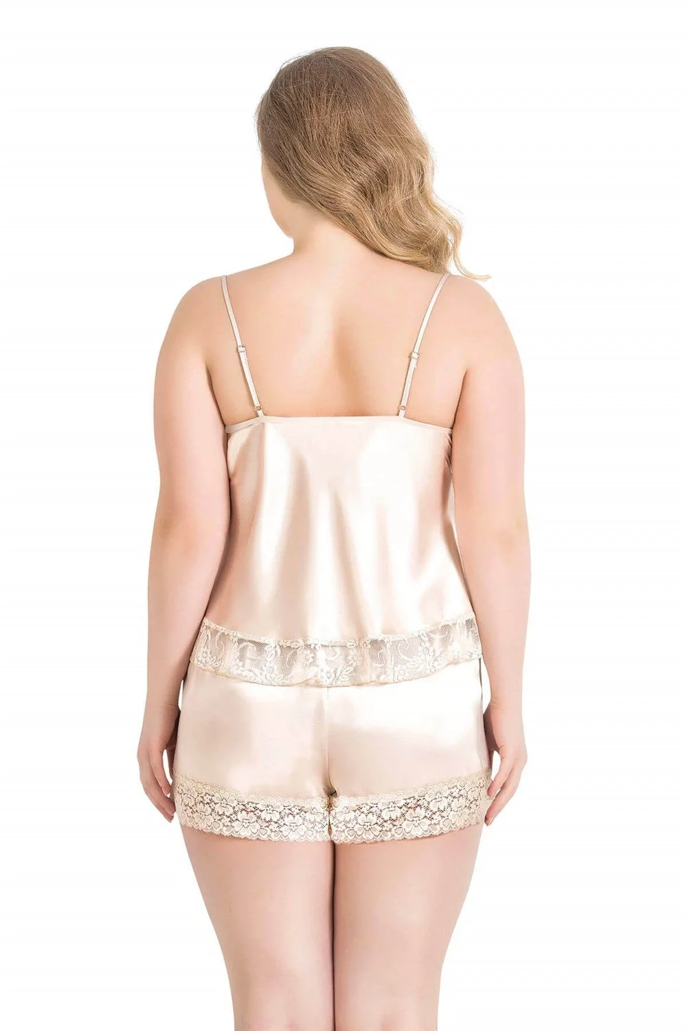 Ahu Primoda Büyük Beden Fildişi Saten Babydoll Şort Takımı 1060, altın renkli dantelli iç giyim seti, kadın rahat ve lüks pijama takımı