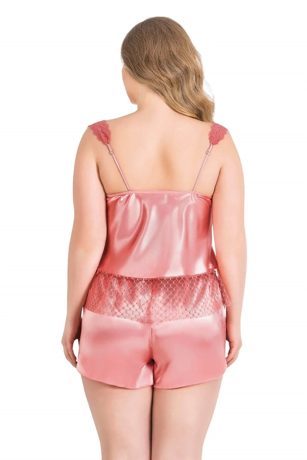 Ahu Primoda Büyük Beden Mercan Saten Babydoll Şort Takımı 1058, pembe saten ve dantel detaylı, kadın iç giyim
