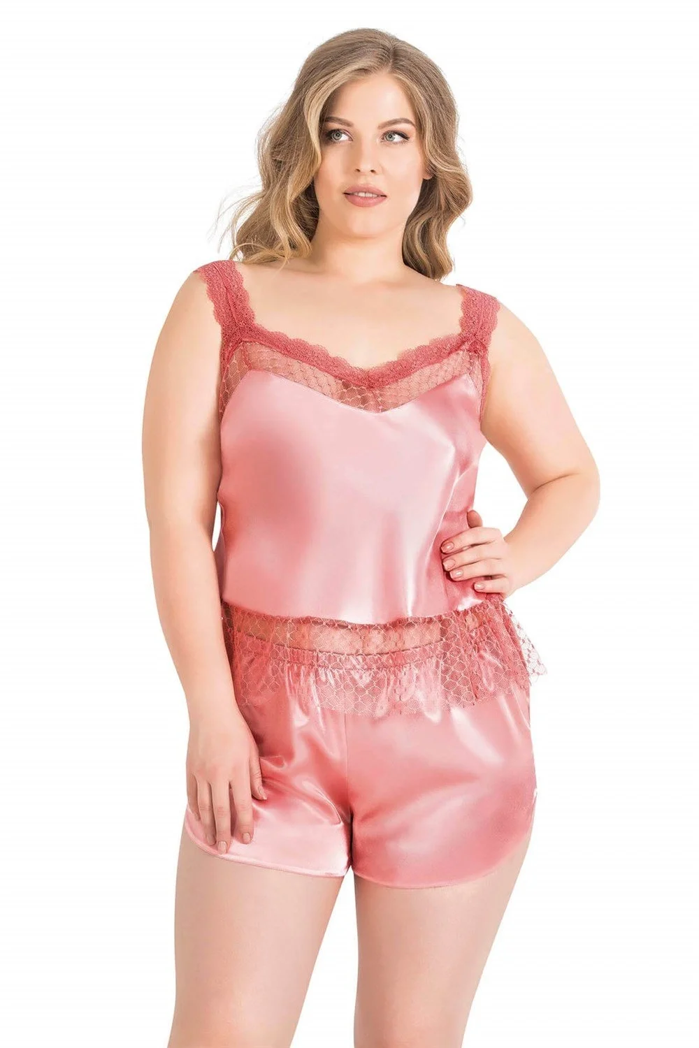 Ahu Primoda Büyük Beden Mercan Saten Babydoll Şort Takımı 1058 Şort Takım Toptan